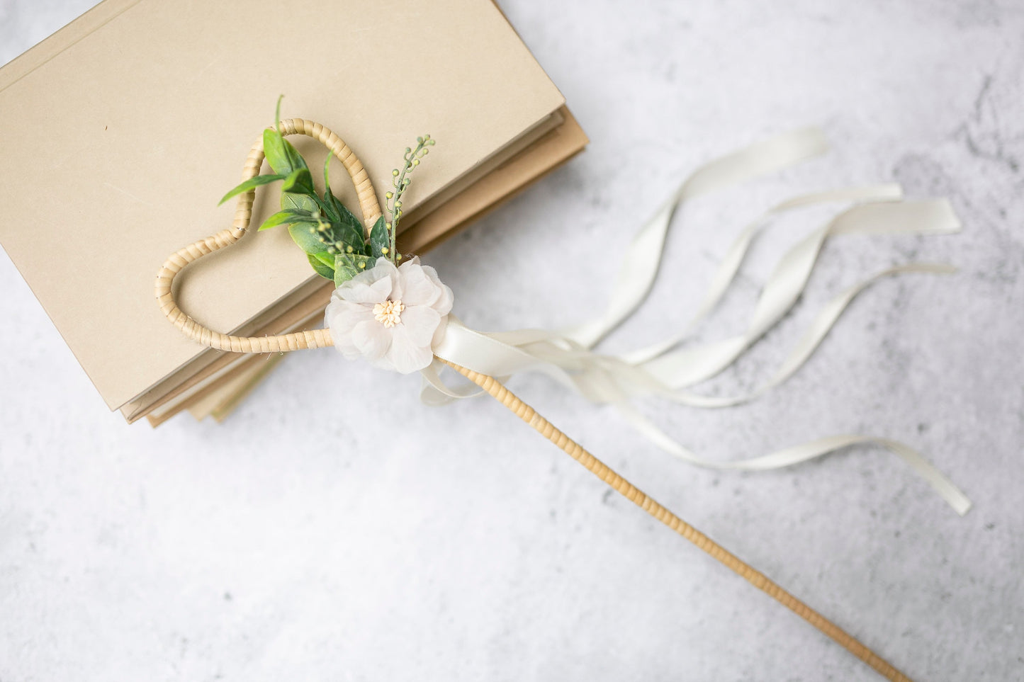 Flower Girl Wand: Heart Rattan, Ivory Satin Ribbons