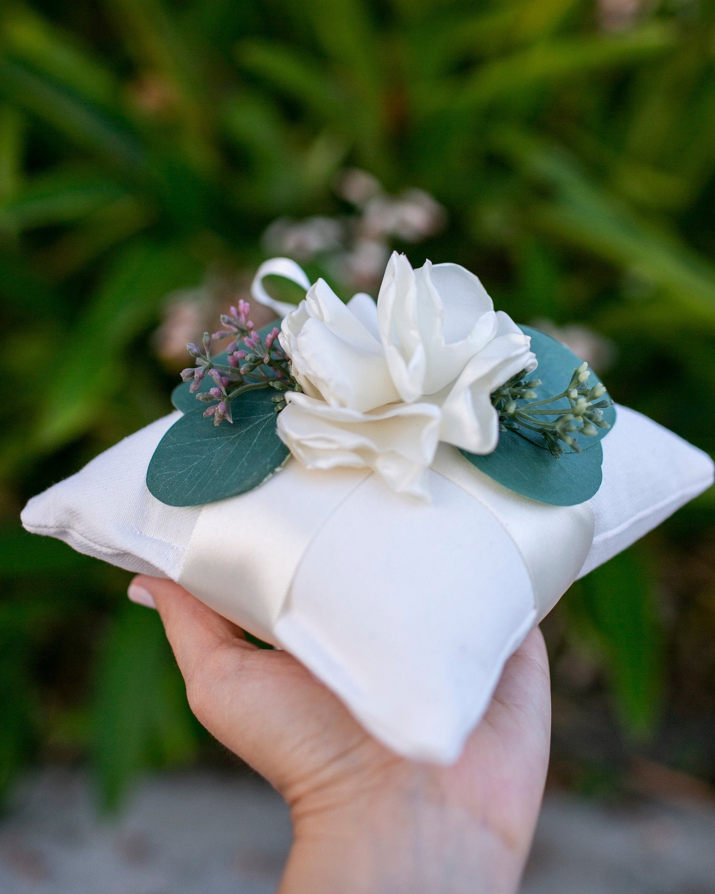 Handmade Ivory Ring Bearer Pillow: Linen-Look Fabric, Eucalyptus Wedding