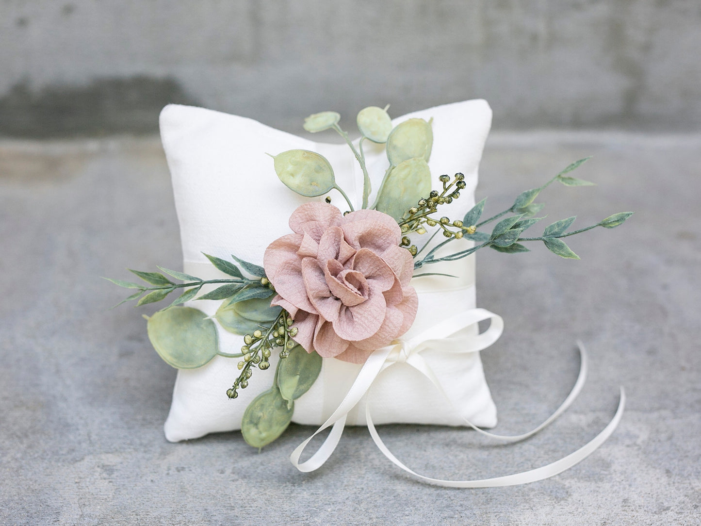 Ivory Linen-Look Ring Bearer Pillow: Floral Greenery Accent
