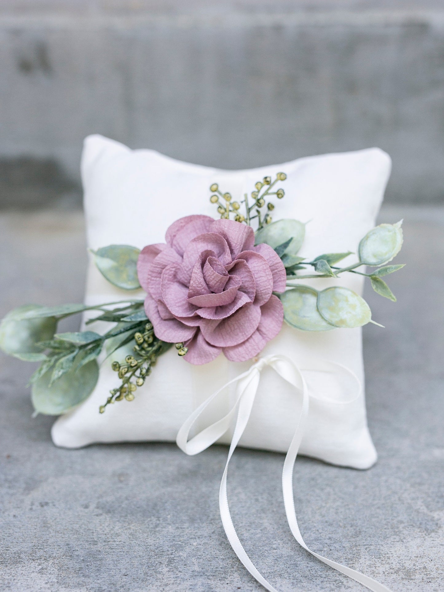 Ivory Linen-Look Ring Bearer Pillow: Floral Greenery Accent