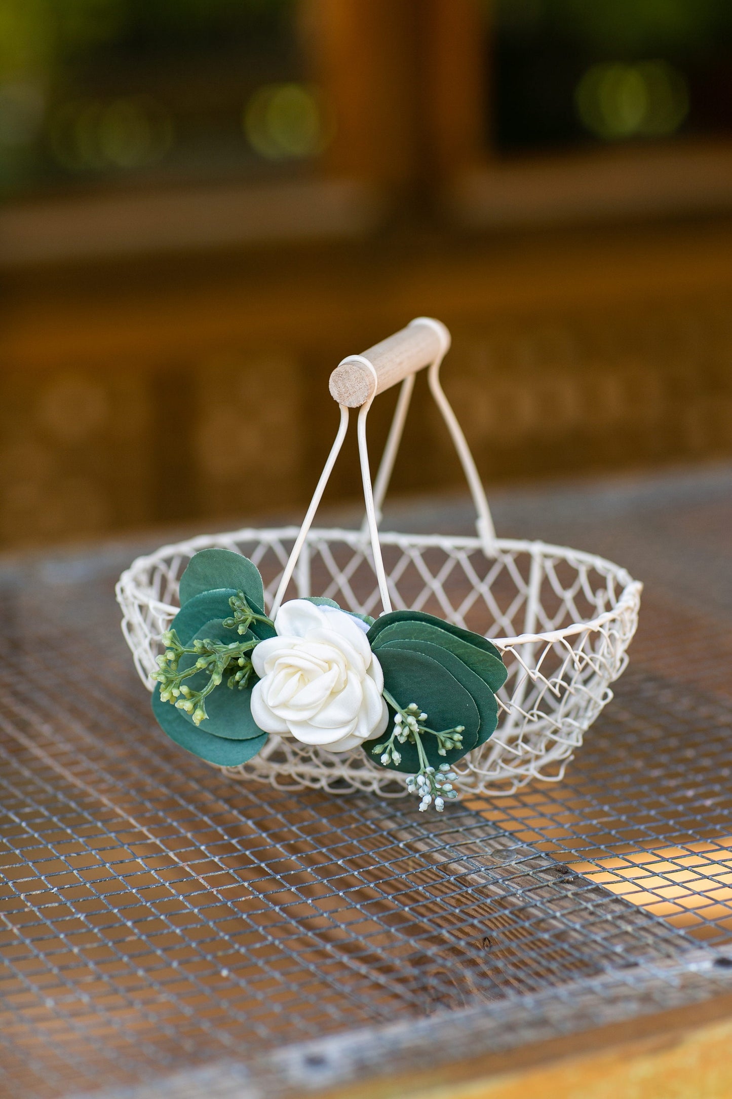 Imani Eucalyptus Flower Girl Basket: Ivory Wedding Decor