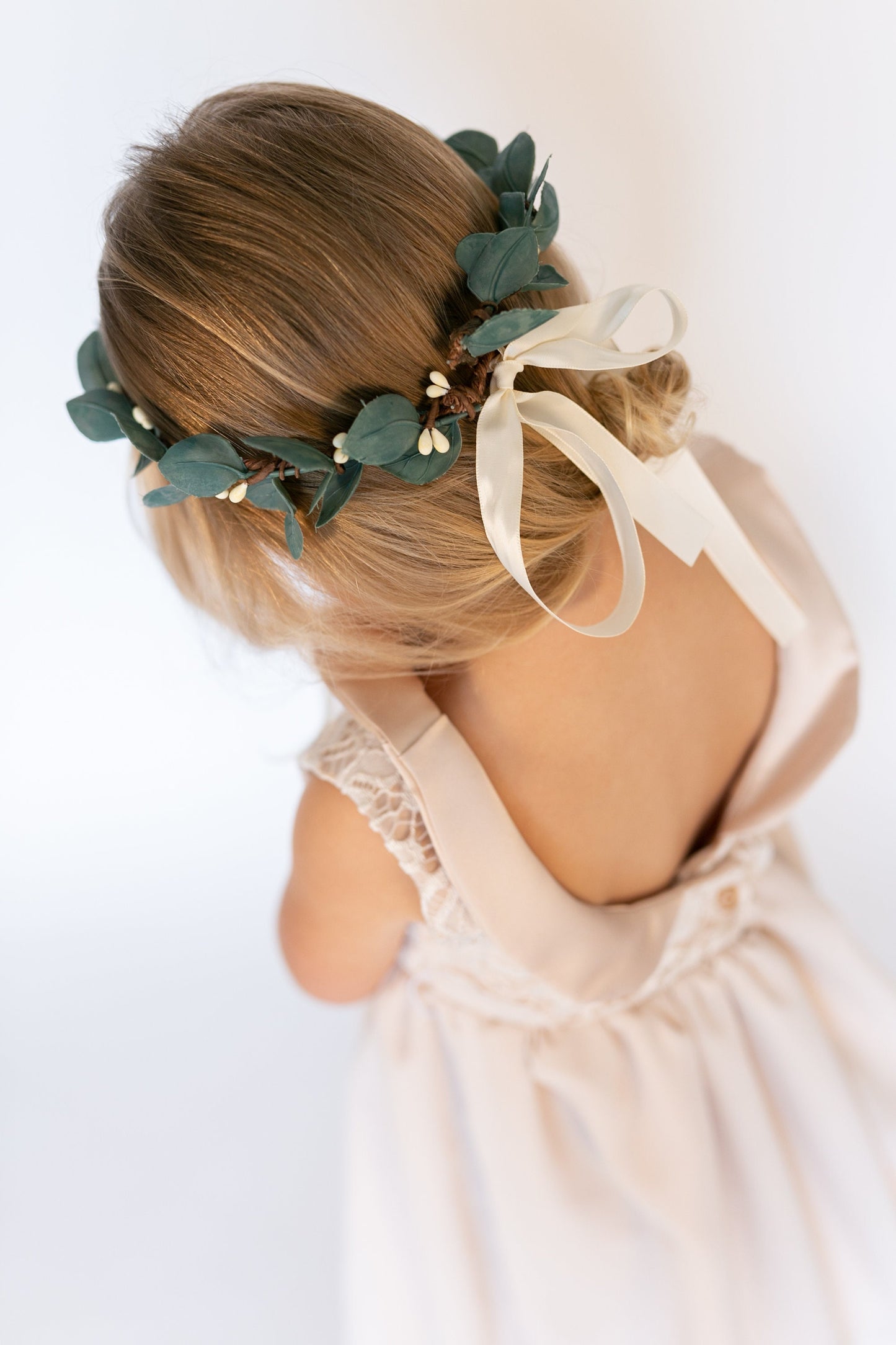 Bella Rose Gold Flower Girl Basket: Copper Wire, Ivory Rose & Greenery