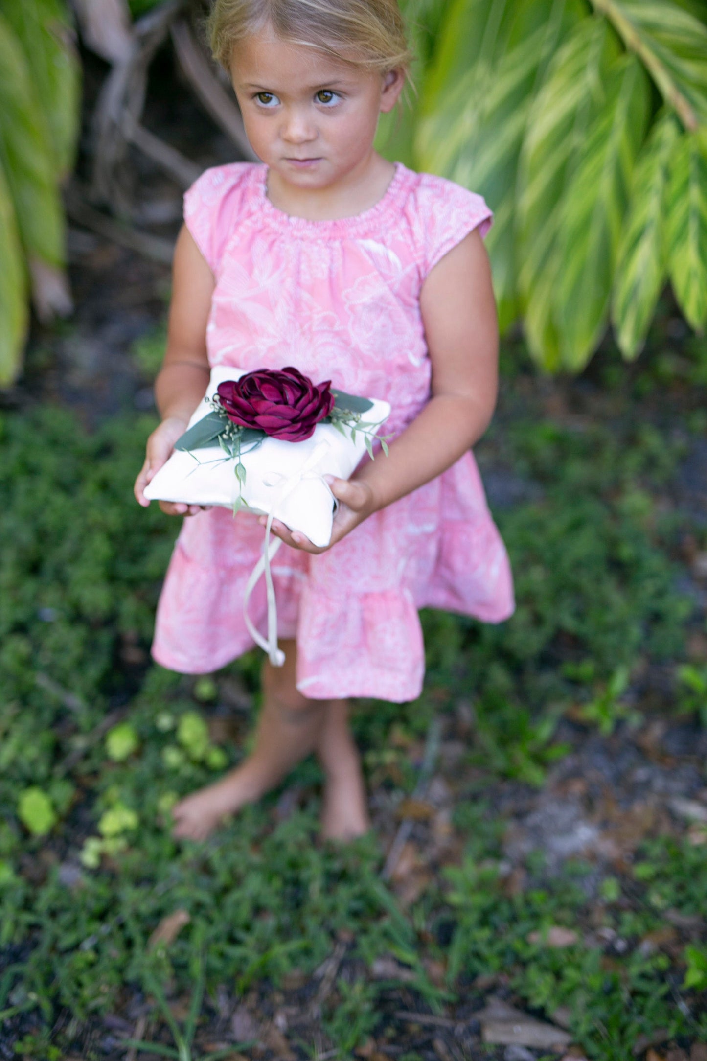 Belle Handmade Ivory Ring Bearer Pillow: Crimson Rose, Linen-Look