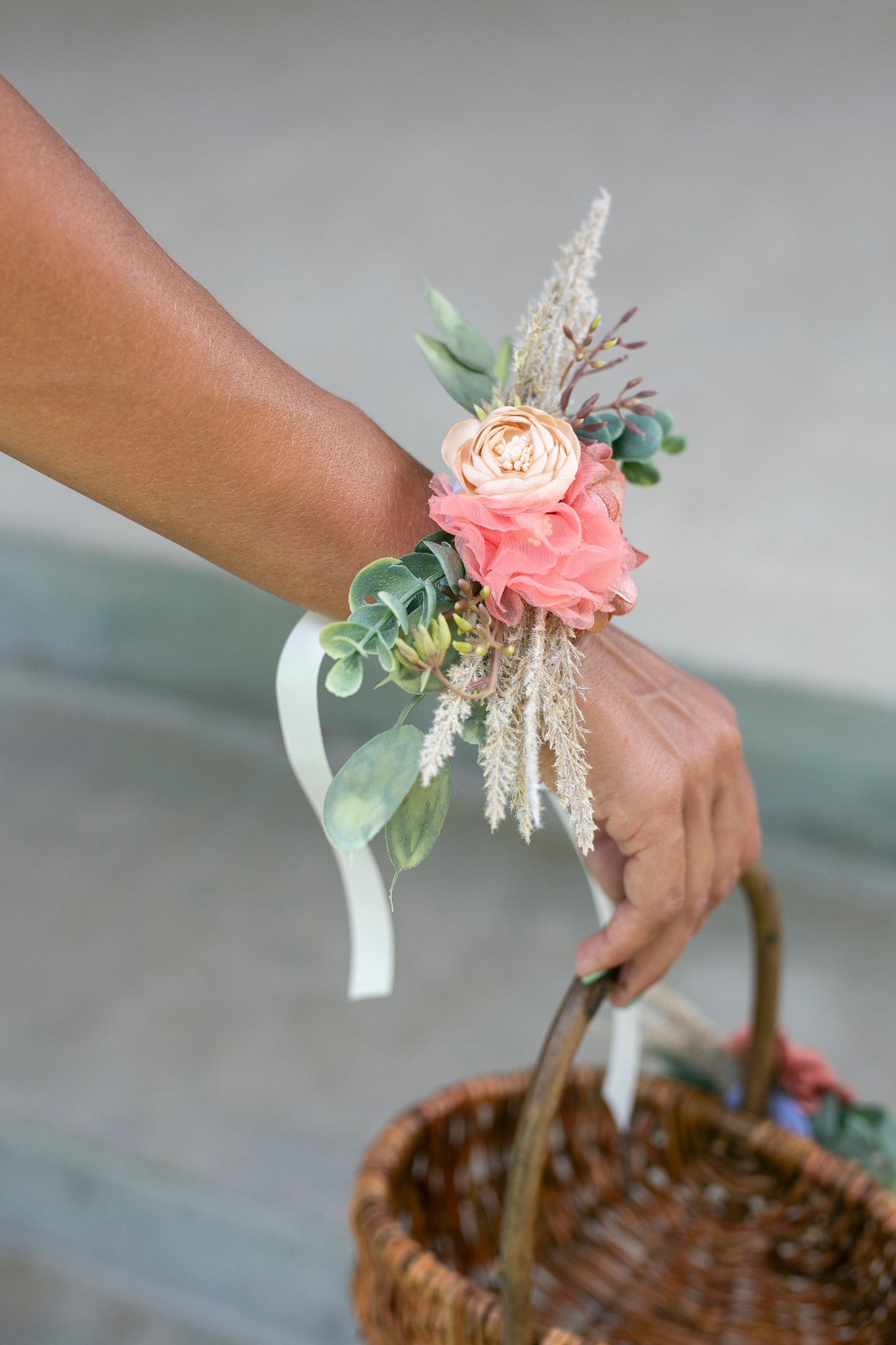 Floral Wedding Corsage: Eucalyptus, Pampas Grass & Fabric Wildflowers