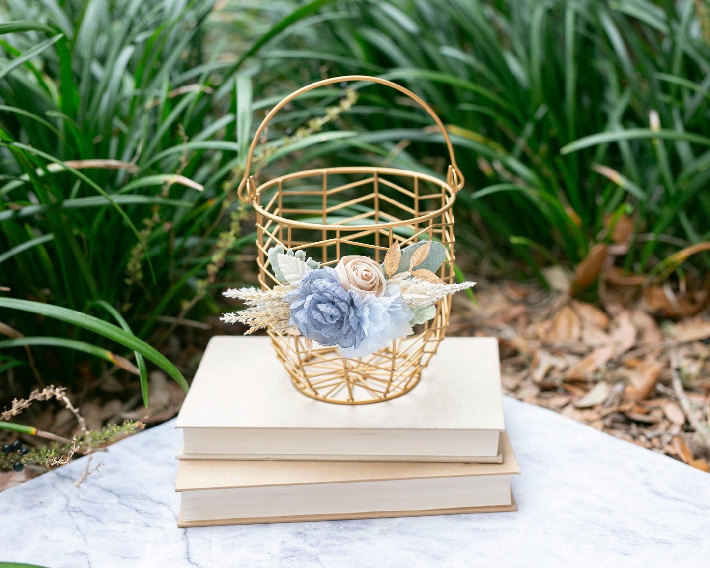 Coastal Flower Girl Basket & Ring Pillow Set: Boho Baby Blue Accents