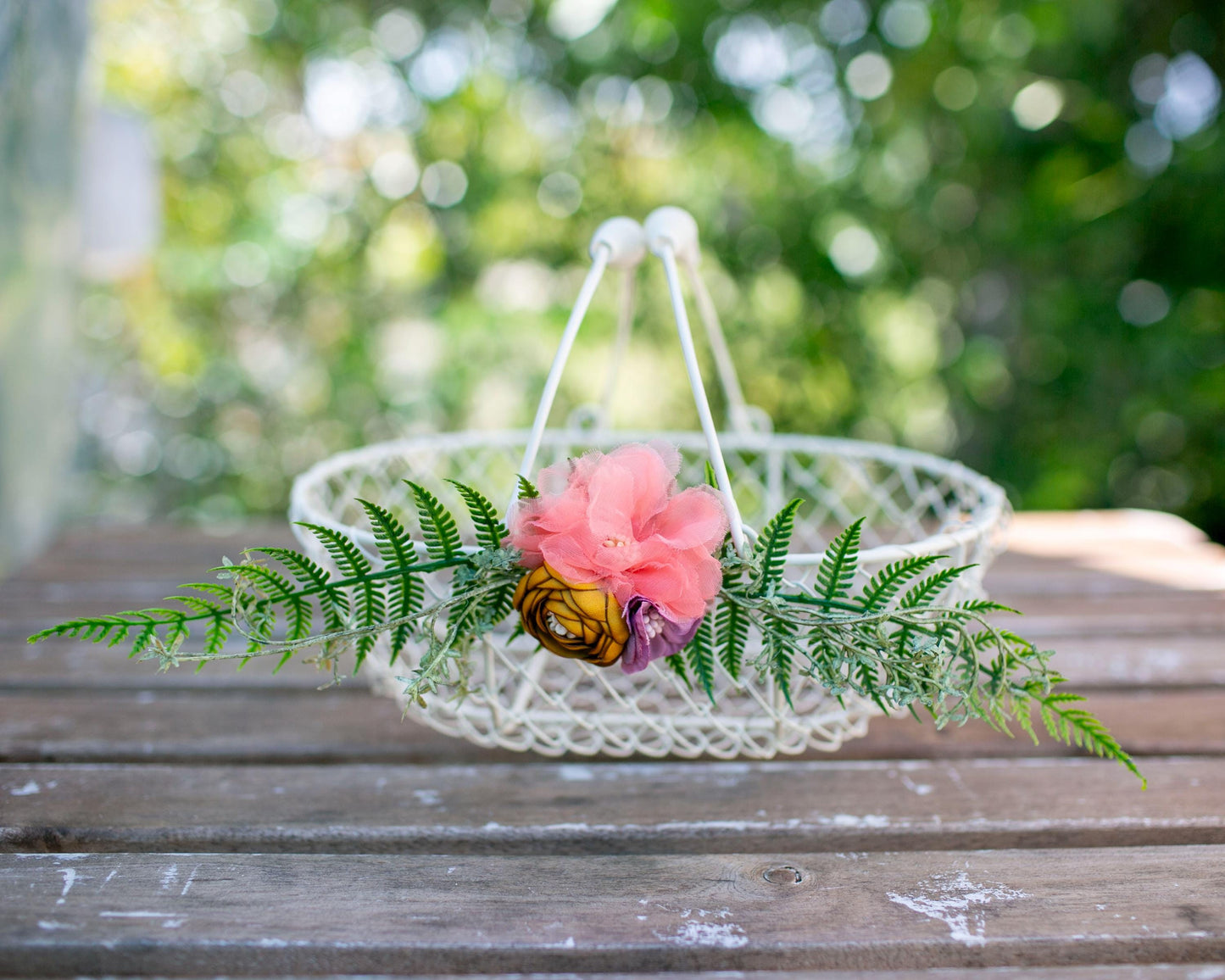 Ivory Wire Flower Girl Basket with a mix of Fabric Flowers