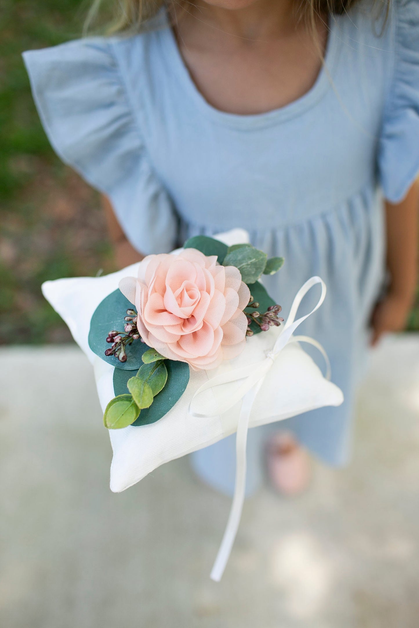 Blush Wedding Ring Bearer Pillow: Ivory Linen-Look, Floral & Greenery