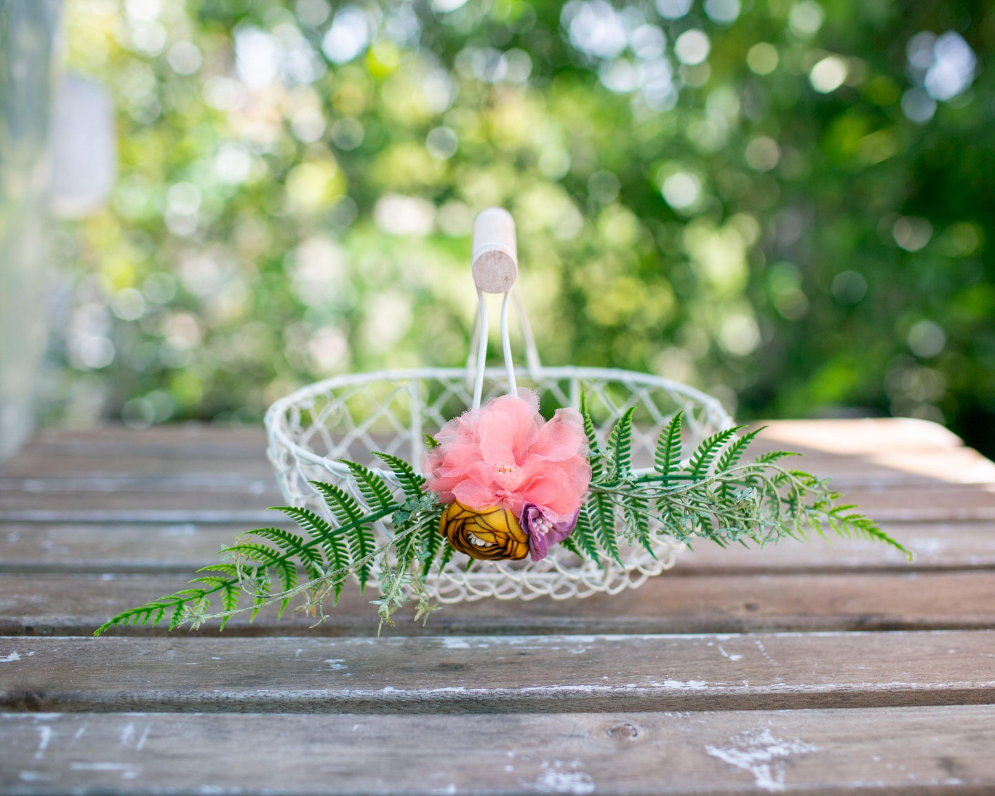 Ivory Wire Flower Girl Basket with a mix of Fabric Flowers