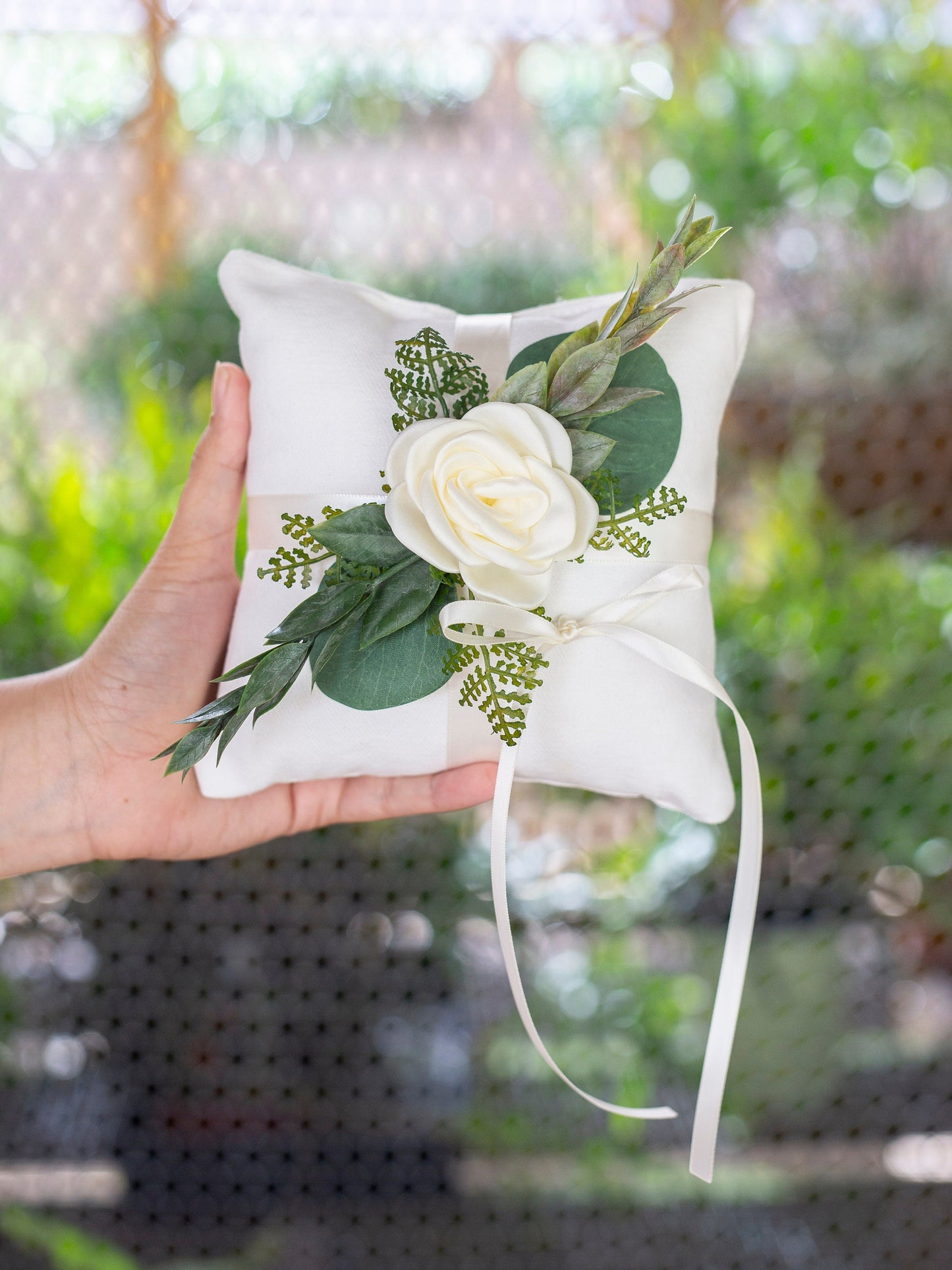 Greenery Wedding Ring Pillow: Linen-Look Fabric, Satin Ribbon
