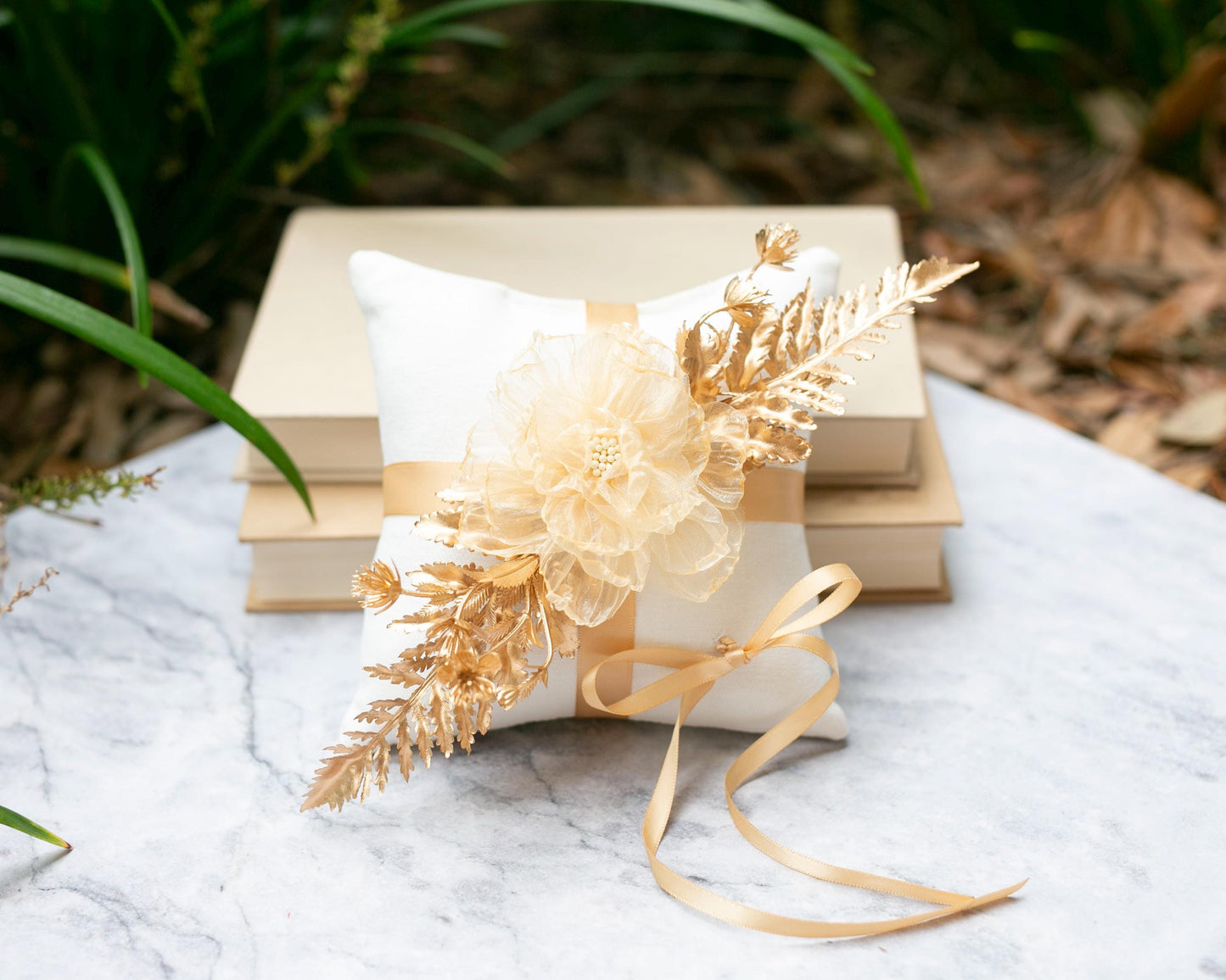 Golden Glam Wedding Ring Bearer Pillow: Ivory Linen with Gold Accents