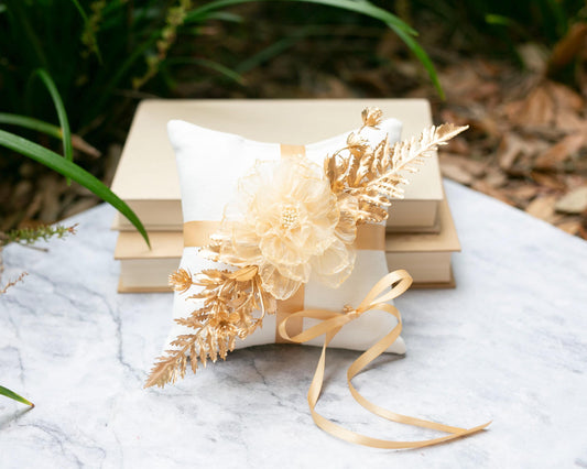 Golden Glam Wedding Ring Bearer Pillow: Ivory Linen with Gold Accents