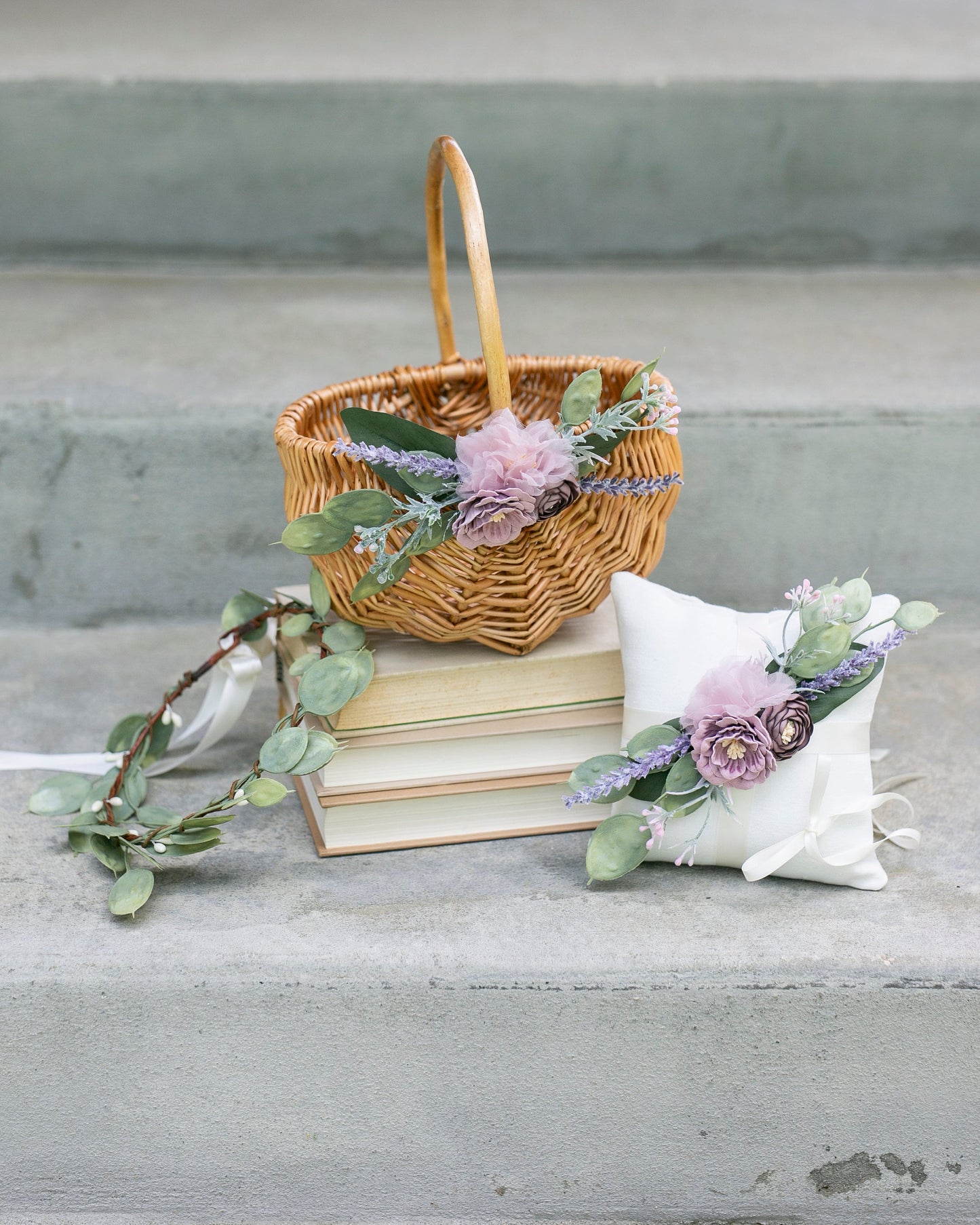 Flower Girl Basket Set | Boho Wedding Flower Girl Gift | Lavender & Mauve Wedding | Whimsical Matching Flower Girl Basket + Ring Pillow Set