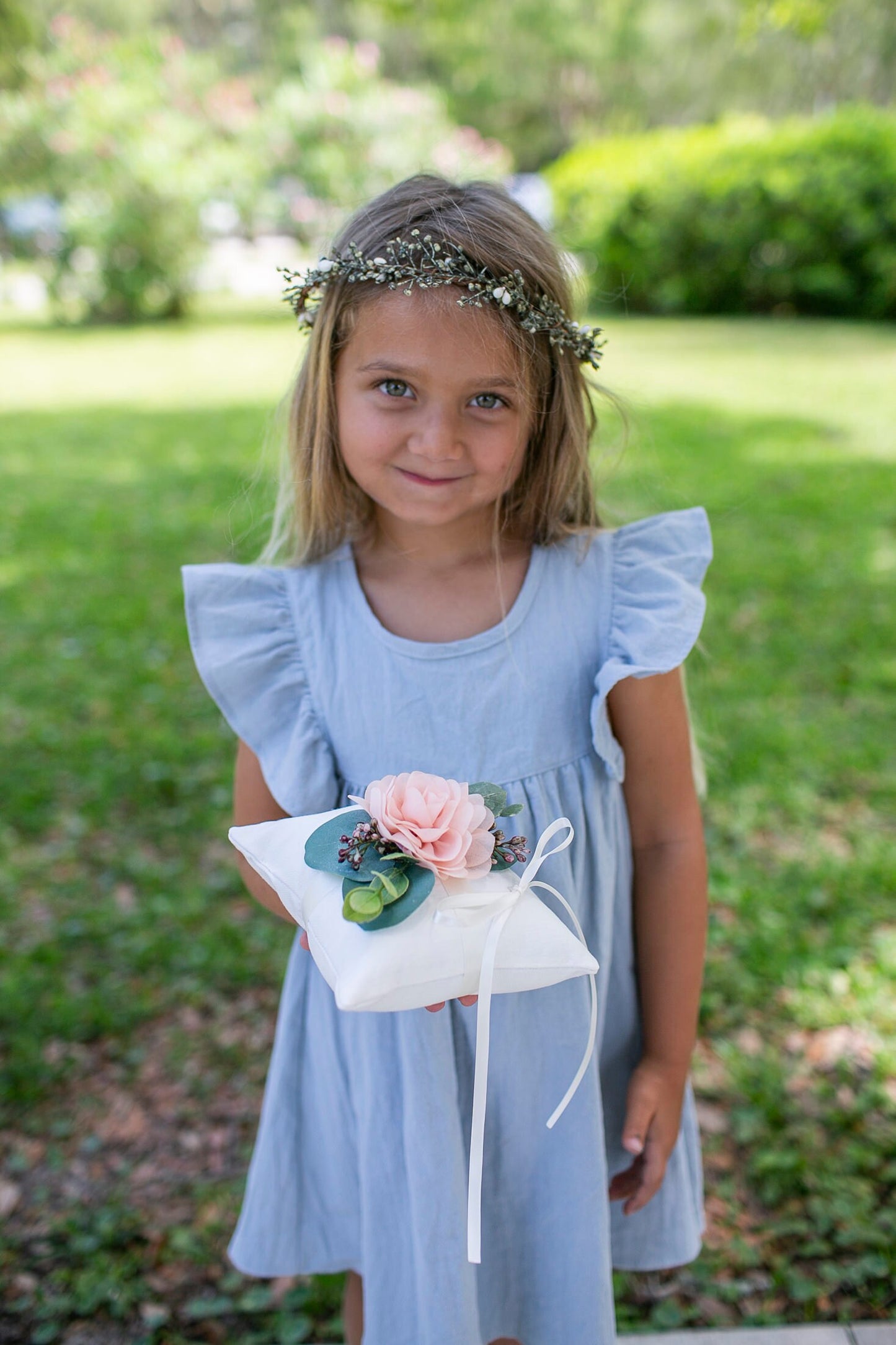 Blush Wedding Ring Bearer Pillow: Ivory Linen-Look, Floral & Greenery