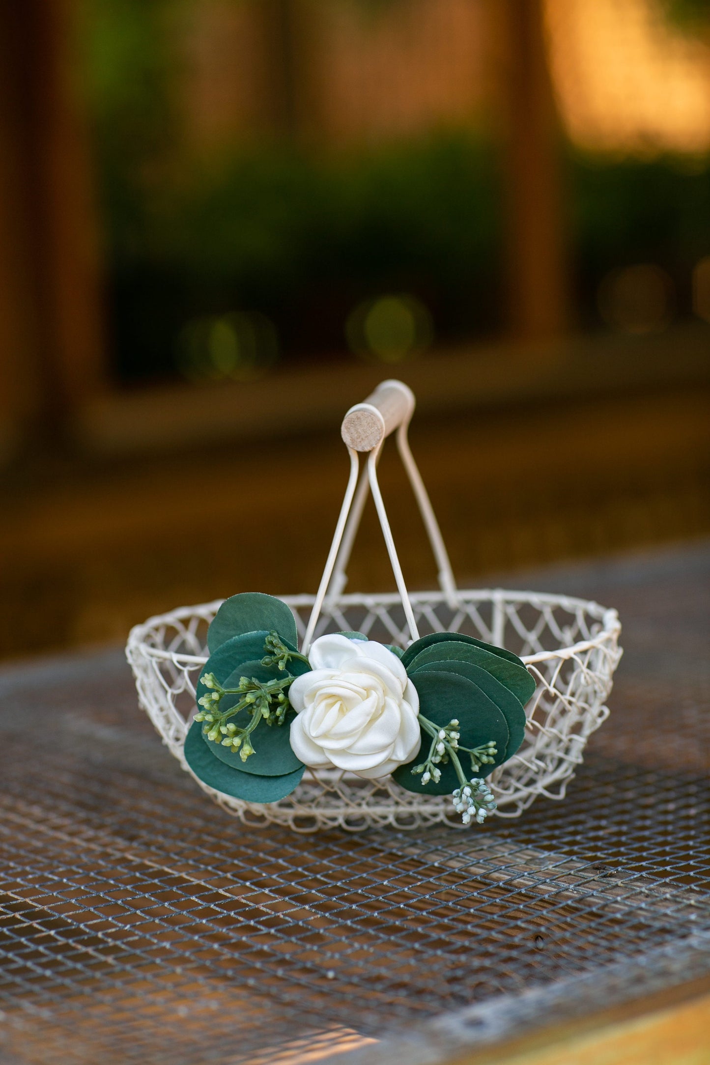 Imani Eucalyptus Flower Girl Basket: Ivory Wedding Decor
