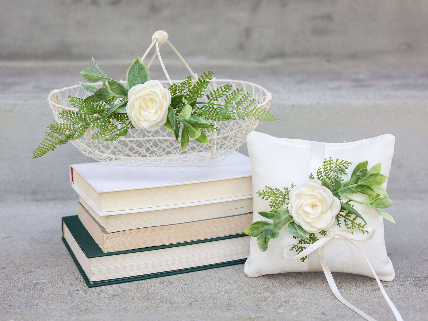 Ivory Flower Girl Basket: Fern & Rose Decorated Wedding Basket