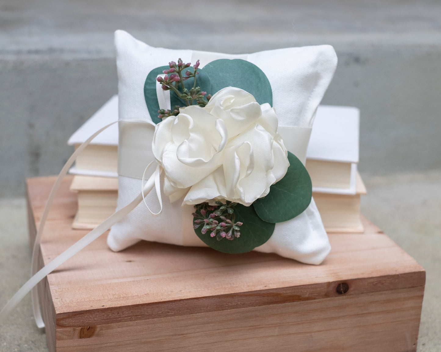 Handmade Ivory Ring Bearer Pillow: Linen-Look Fabric, Eucalyptus Wedding