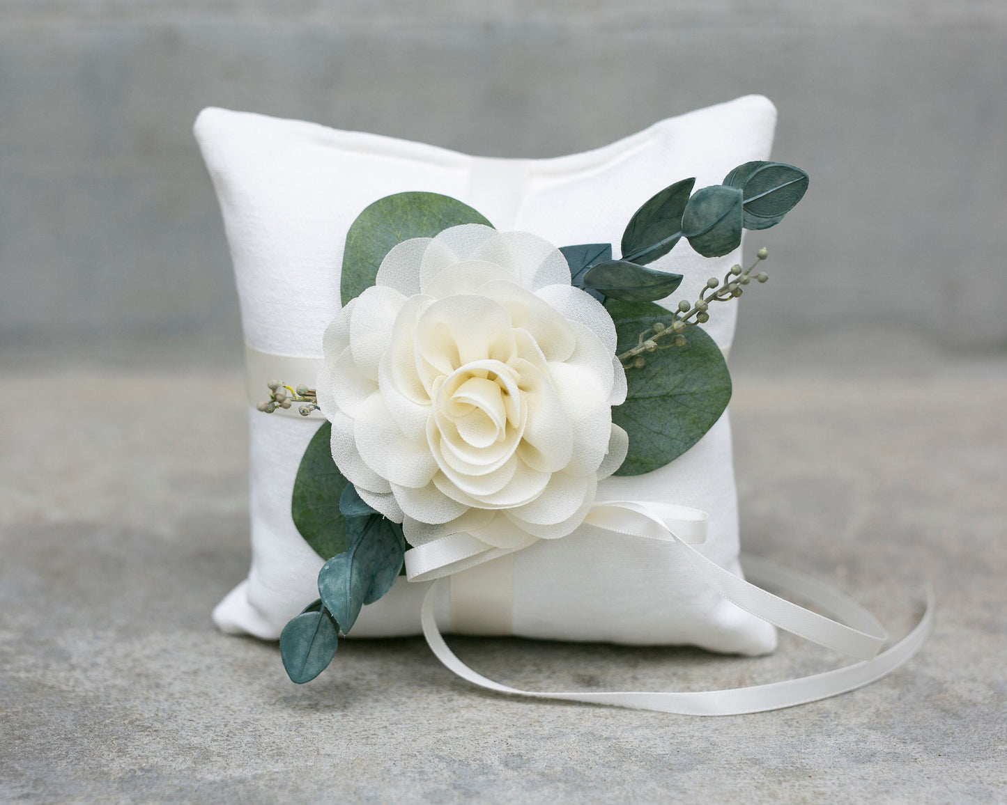 Handmade Linen-Look Ring Bearer Pillow: Ivory Rose & Eucalyptus