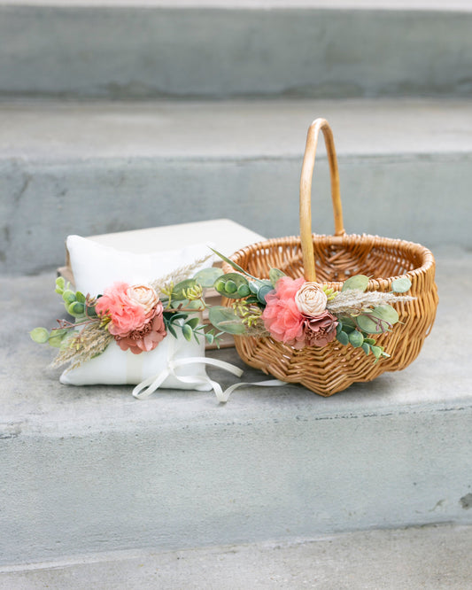 Francesca Flower Girl Basket & Ring Pillow Set | Spring + Summer Weddings Rattan l Basket | Boho Desert Flower Petal Basket | Gift Basket w/ Greenery
