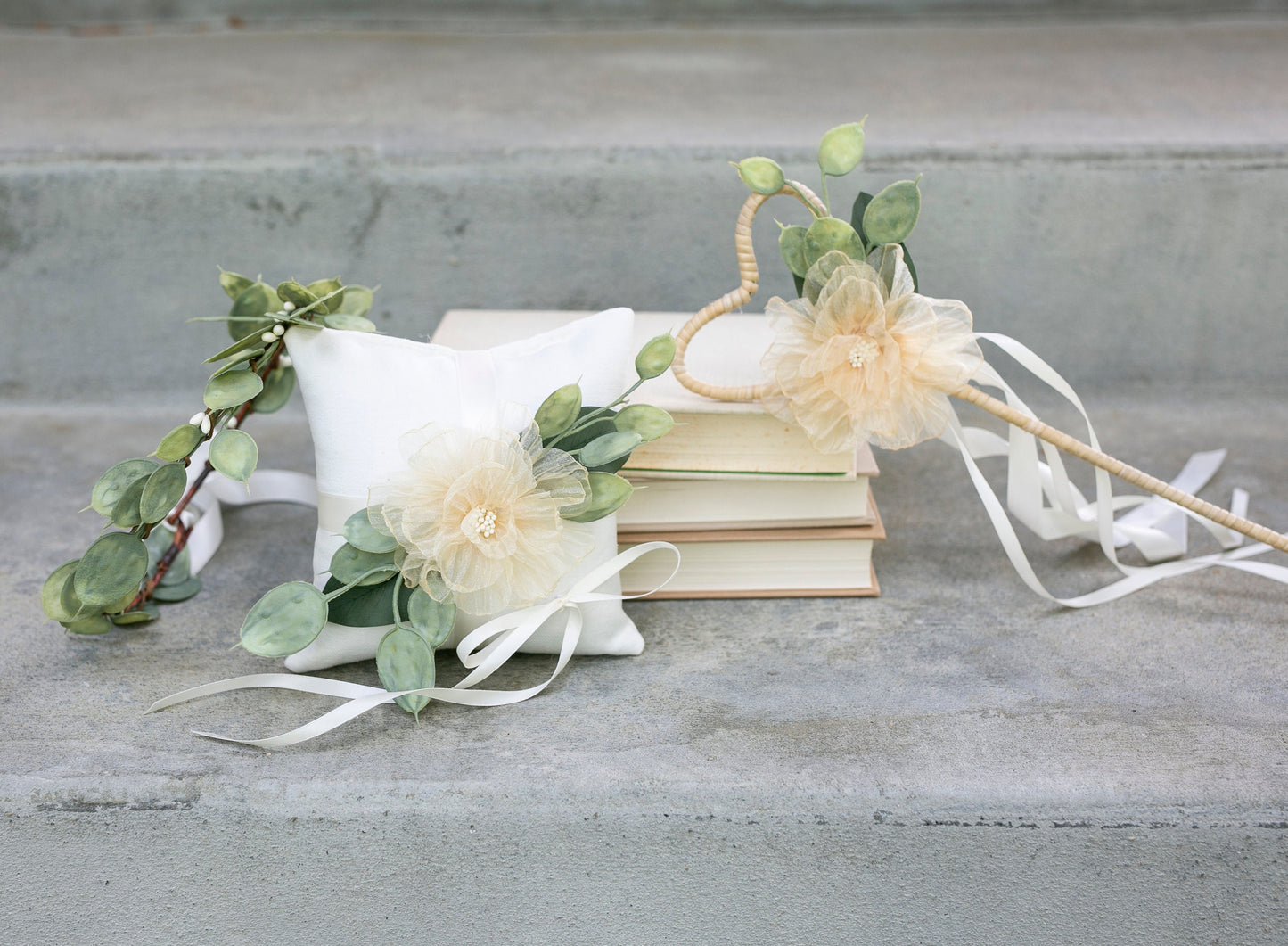 Amber Flower Girl Wand: Heart Rattan, Ivory Ribbon Wedding Accessory