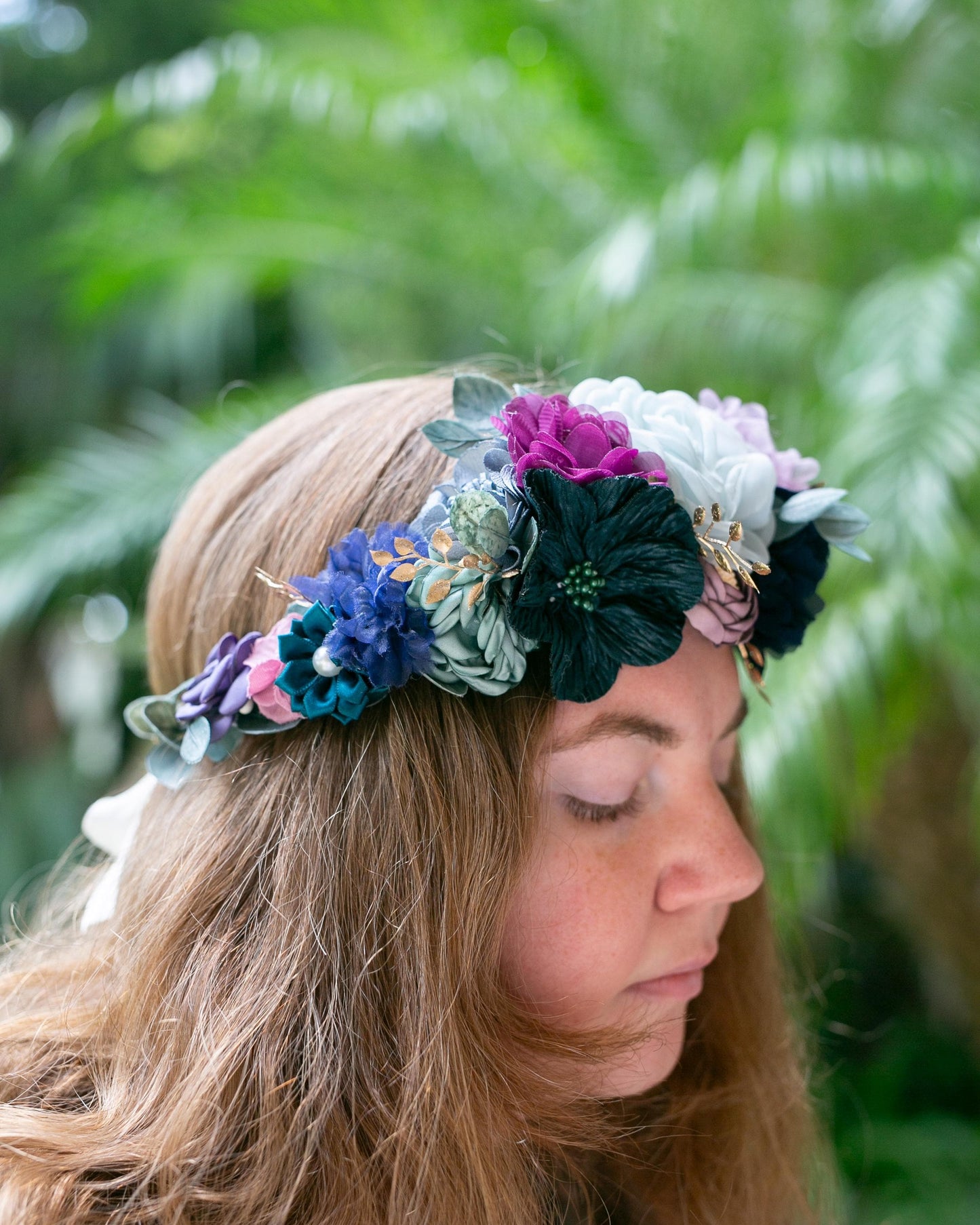 Midnight Summer Wedding Flower Crown: Purple & Blue Floral Hair Wreath