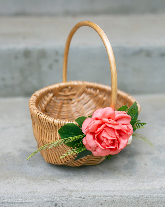 Tropical Flower Girl Basket: Coral Floral Wicker Wedding Decor