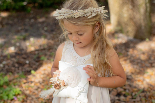 Mia Woodland Wedding Ring Pillow: Ivory Linen-Look Display