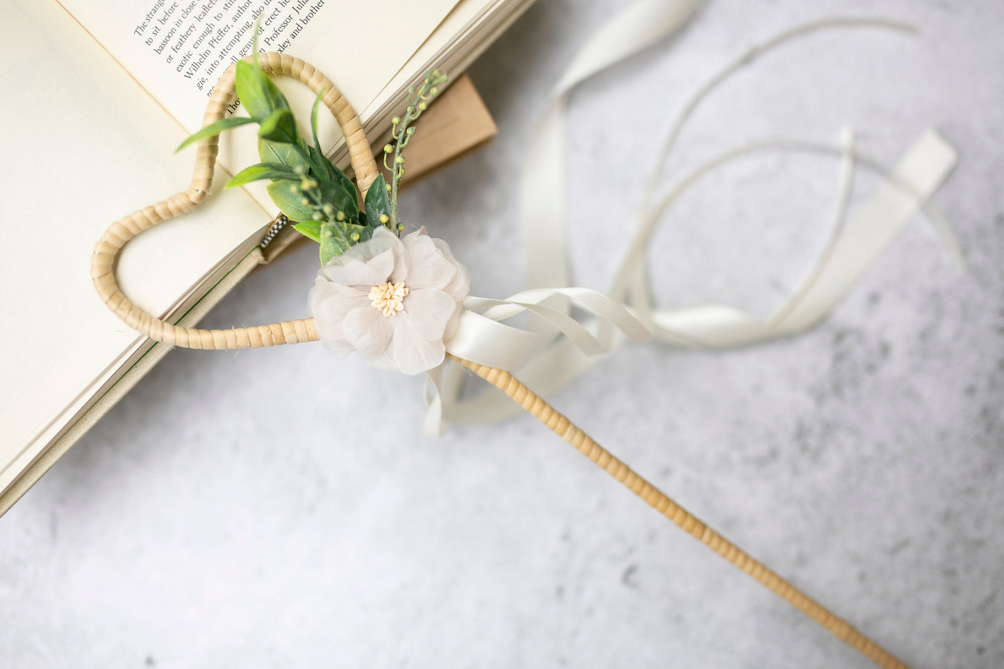 Flower Girl Wand: Heart Rattan, Ivory Satin Ribbons