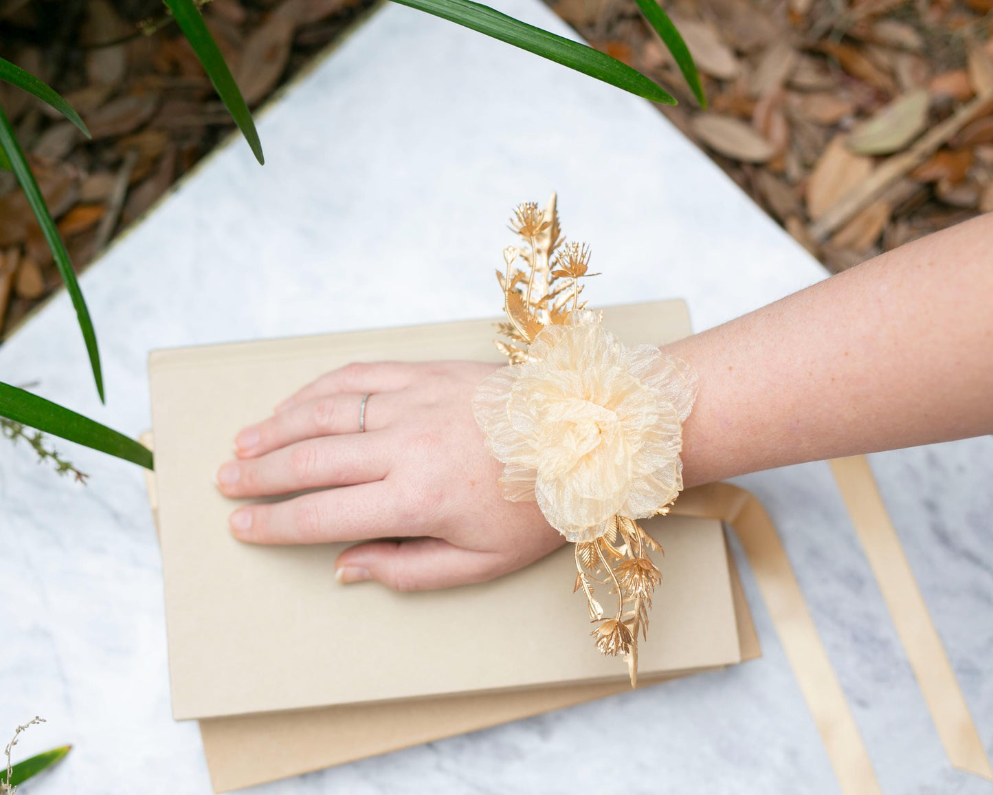 Golden Flower Corsage: Shimmery Bloom Wedding Wristlet