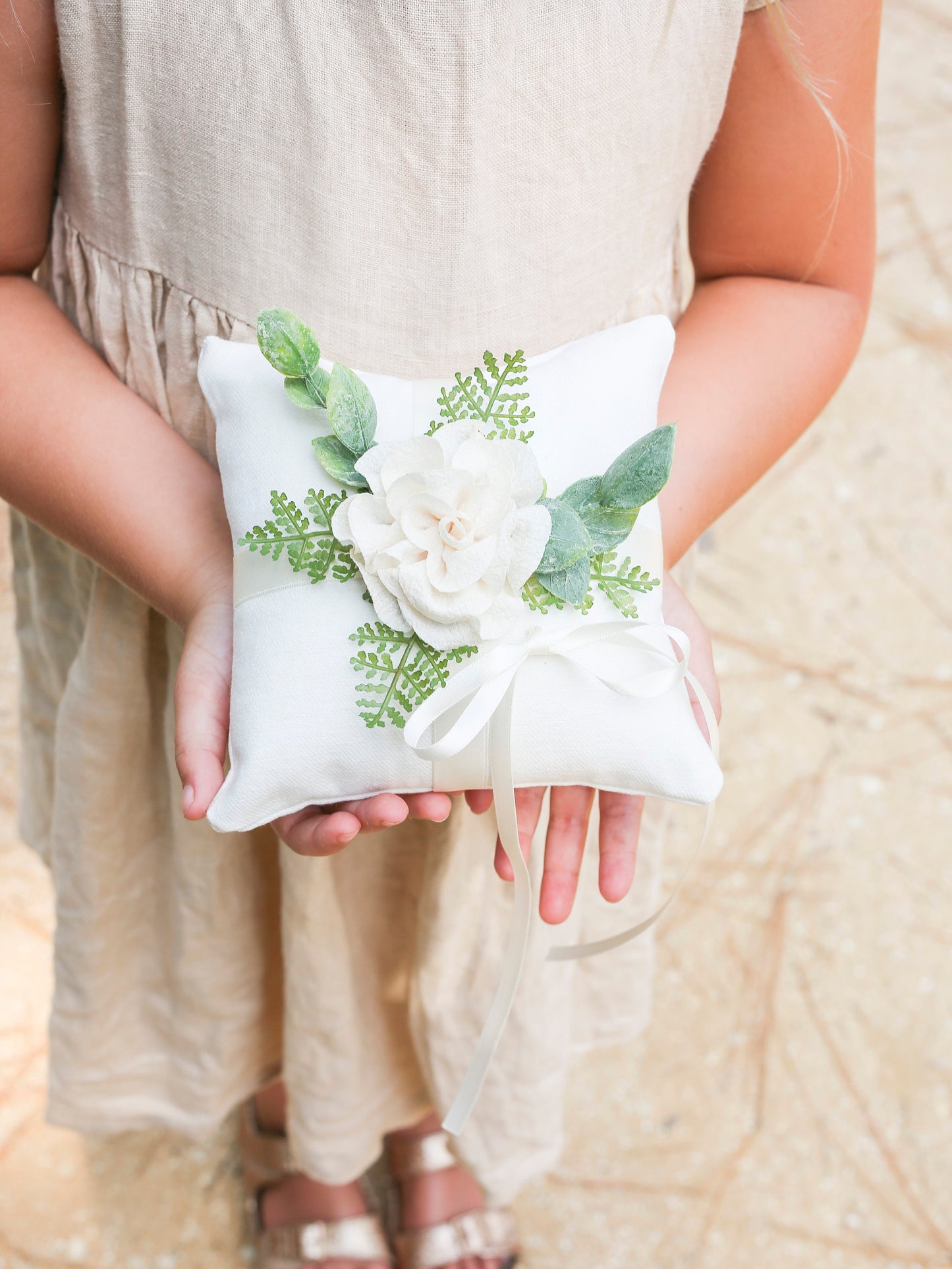 Silas Rustic Wedding Ring Pillow: Ivory Linen with Faux Eucalyptus