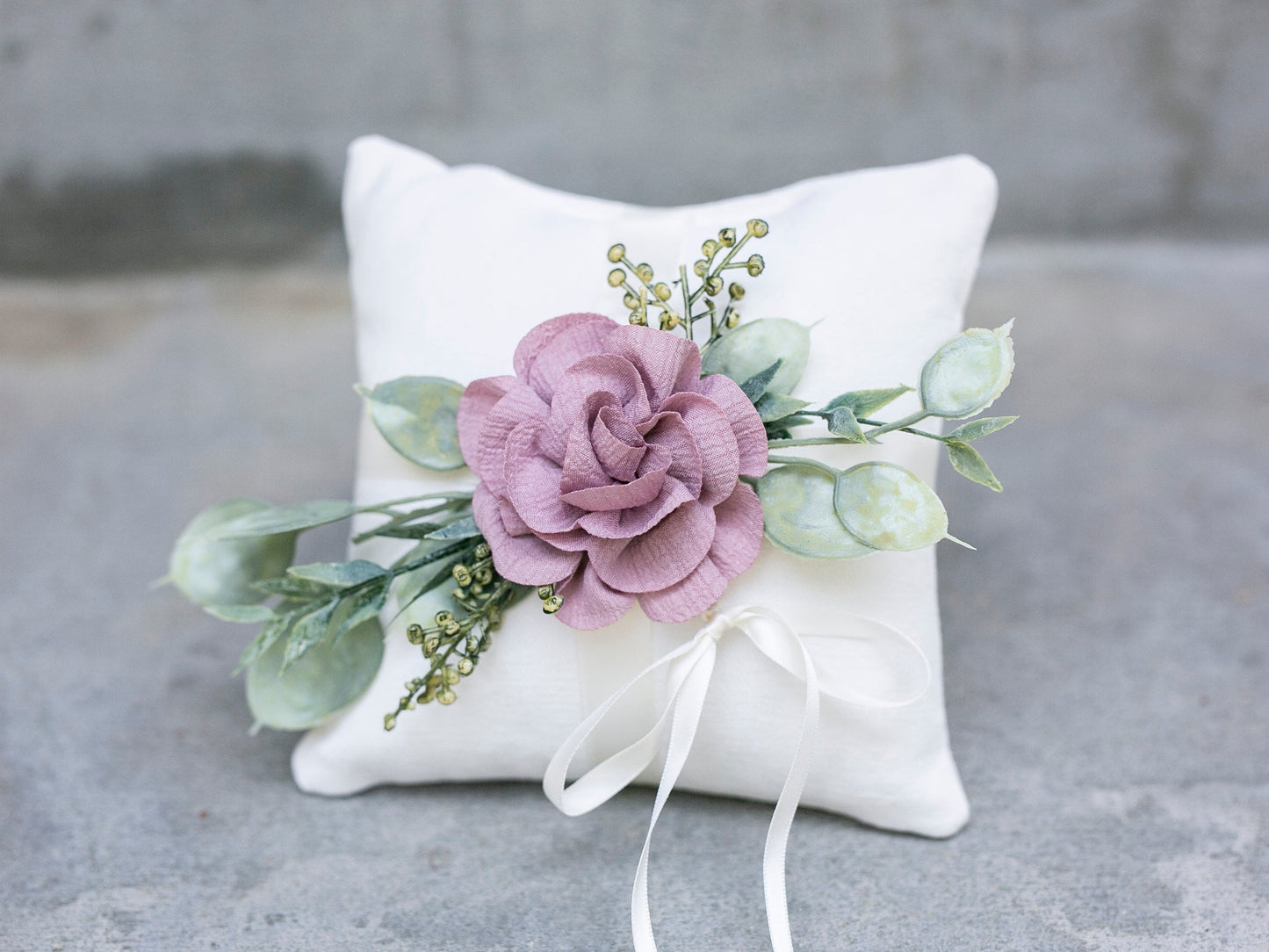 Ivory Linen-Look Ring Bearer Pillow: Floral Greenery Accent