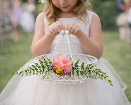 Ivory Wire Flower Girl Basket with a mix of Fabric Flowers