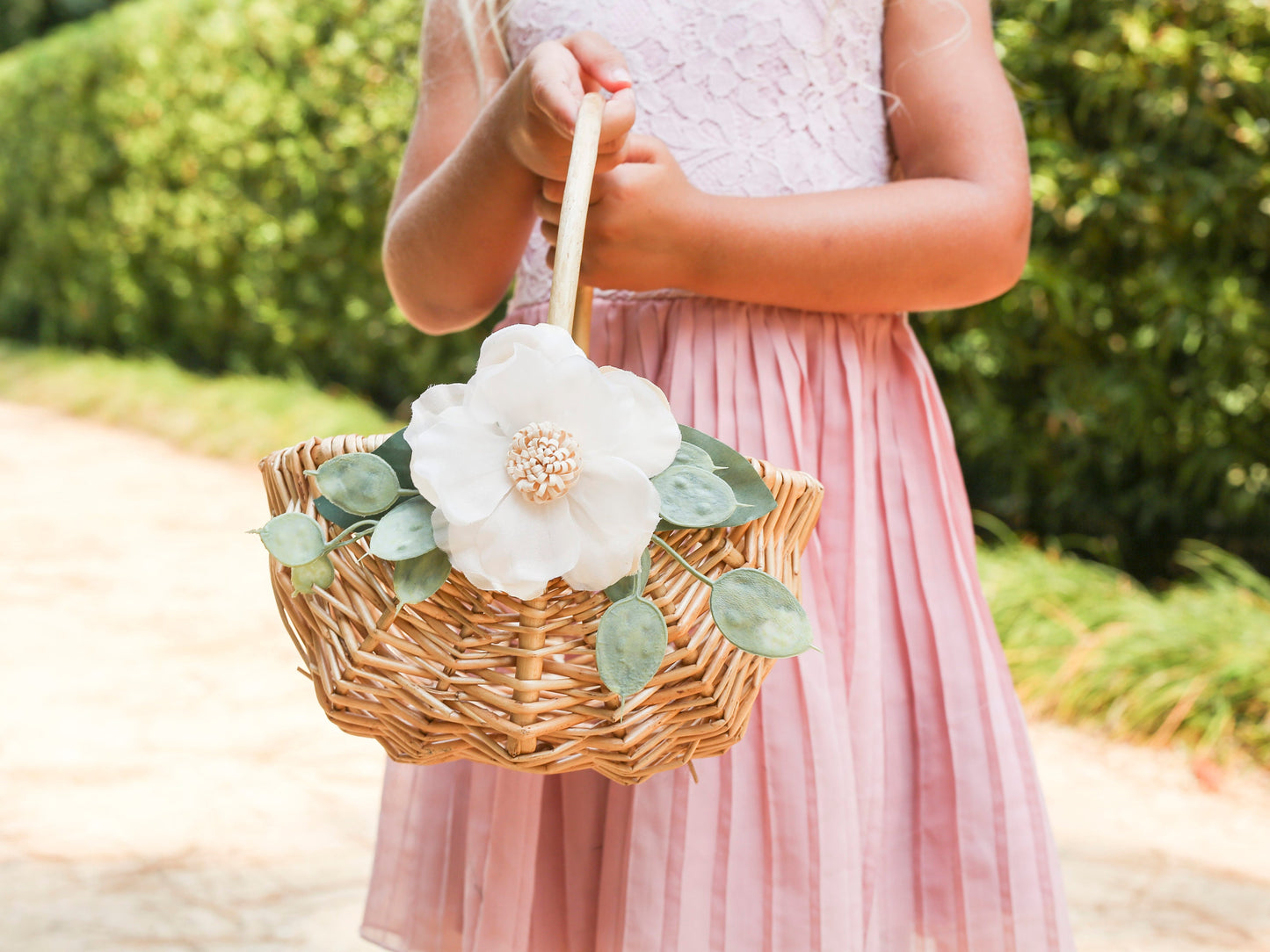 Melissa Rattan Flower Girl Basket | Willow Wedding Basket | Flower Girl Basket | Romantic Wedding Decor | Flower Girl Ring Bearer Set w/ Greenery