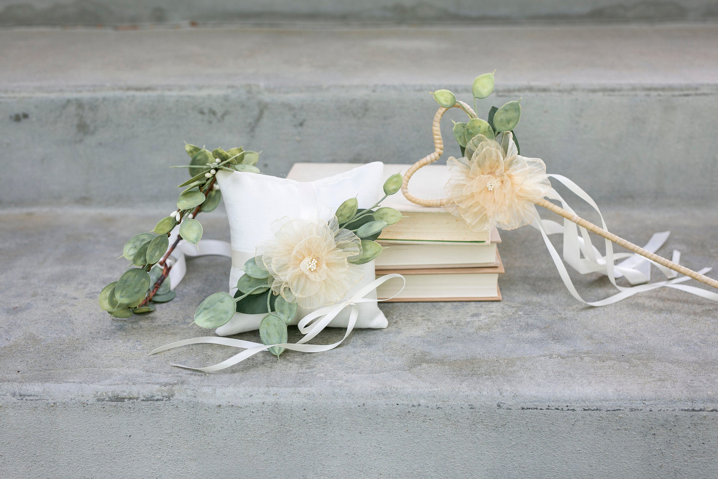 Amber Flower Girl Wand: Heart Rattan, Ivory Ribbon Wedding Accessory