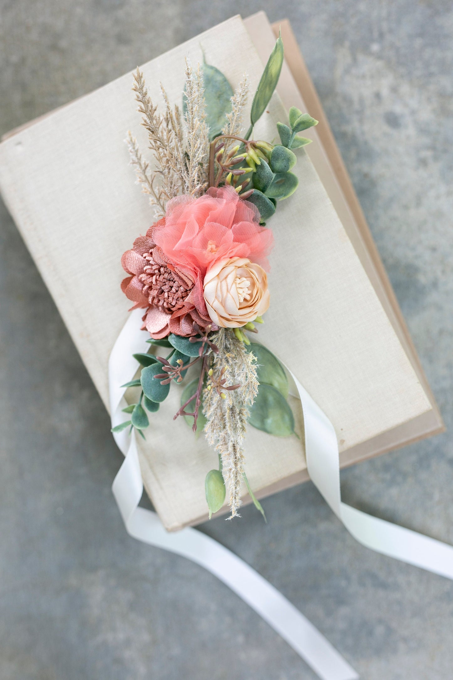 Floral Wedding Corsage: Eucalyptus, Pampas Grass & Fabric Wildflowers