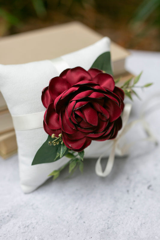 Belle Handmade Ivory Ring Bearer Pillow: Crimson Rose, Linen-Look