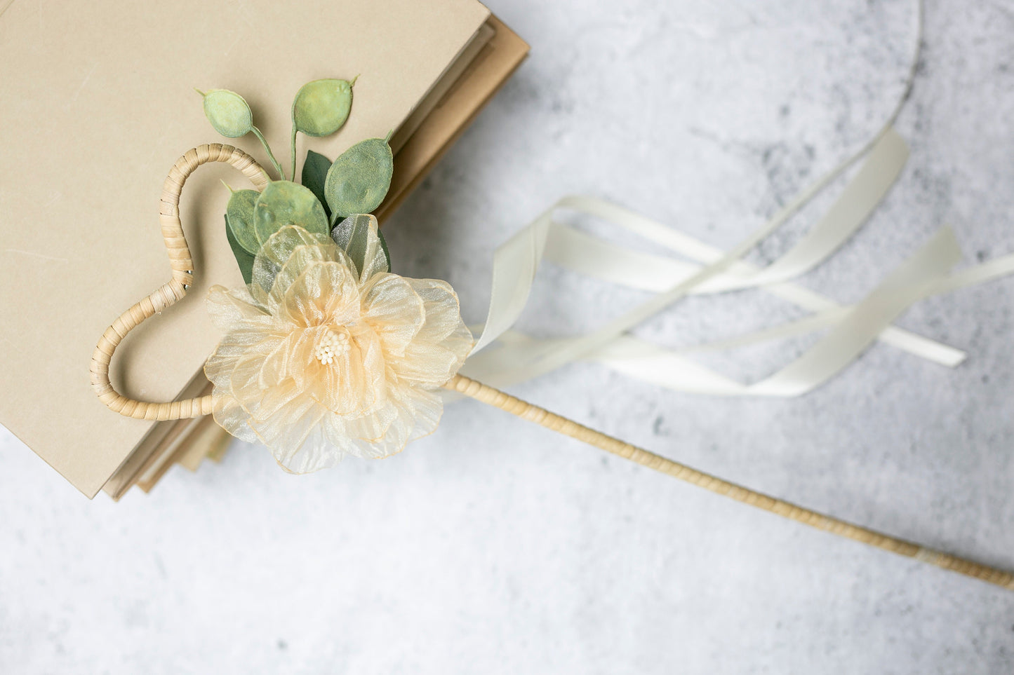 Amber Flower Girl Wand: Heart Rattan, Ivory Ribbon Wedding Accessory
