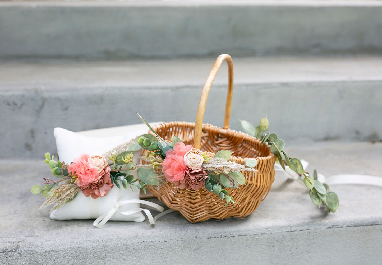 Francesca Flower Girl Basket & Ring Pillow Set | Spring + Summer Weddings Rattan l Basket | Boho Desert Flower Petal Basket | Gift Basket w/ Greenery