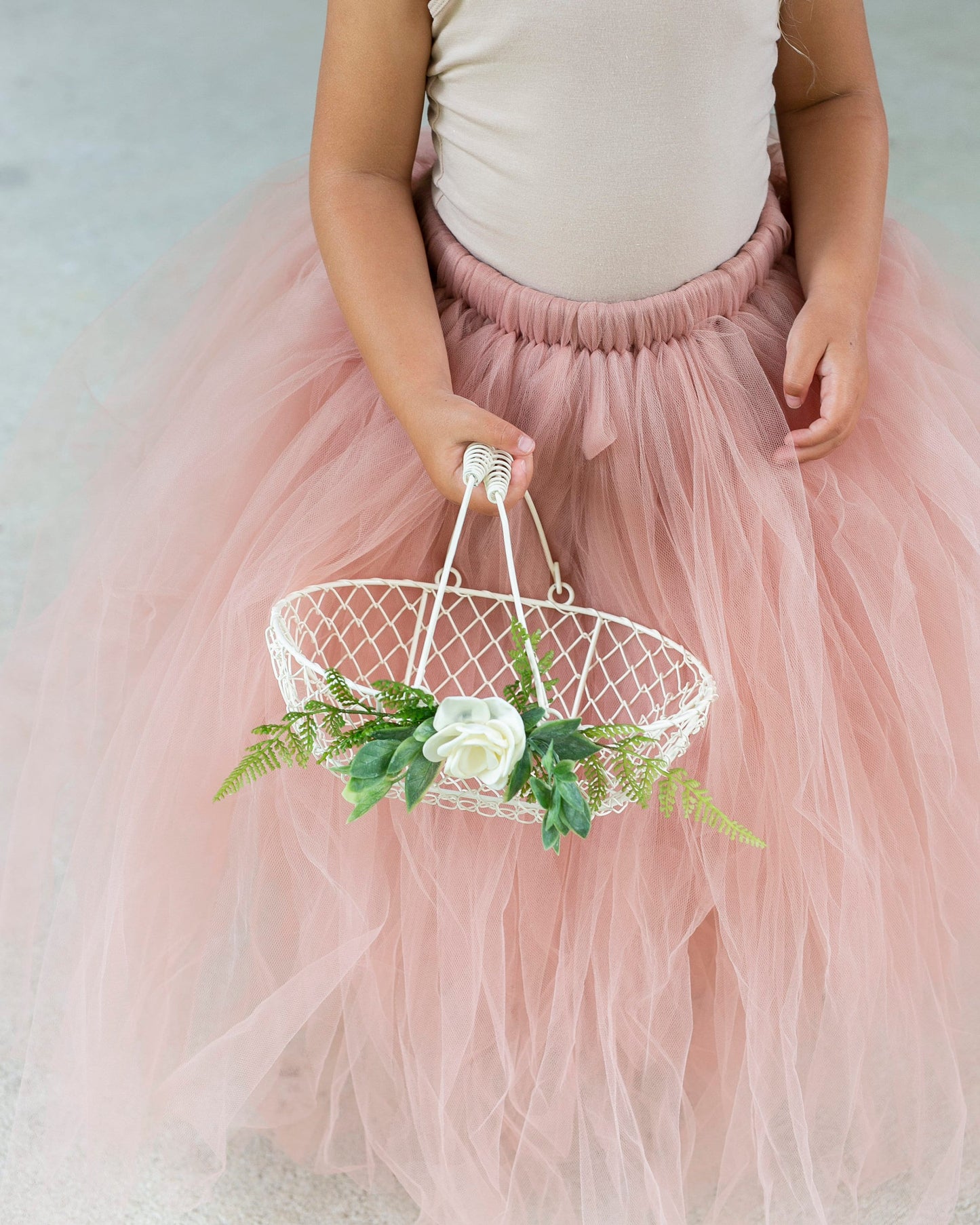 Ivory Flower Girl Basket: Fern & Rose Decorated Wedding Basket