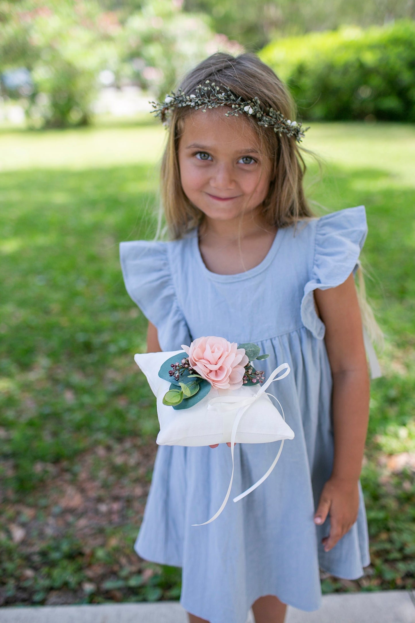 Blush Wedding Ring Bearer Pillow: Ivory Linen-Look, Floral & Greenery