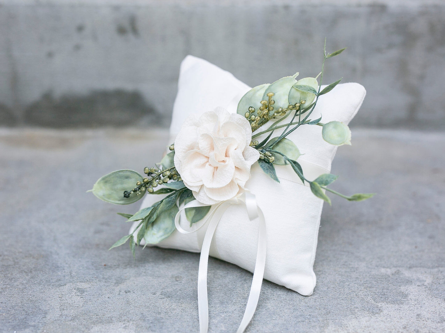 Ivory Linen-Look Ring Bearer Pillow: Floral Greenery Accent