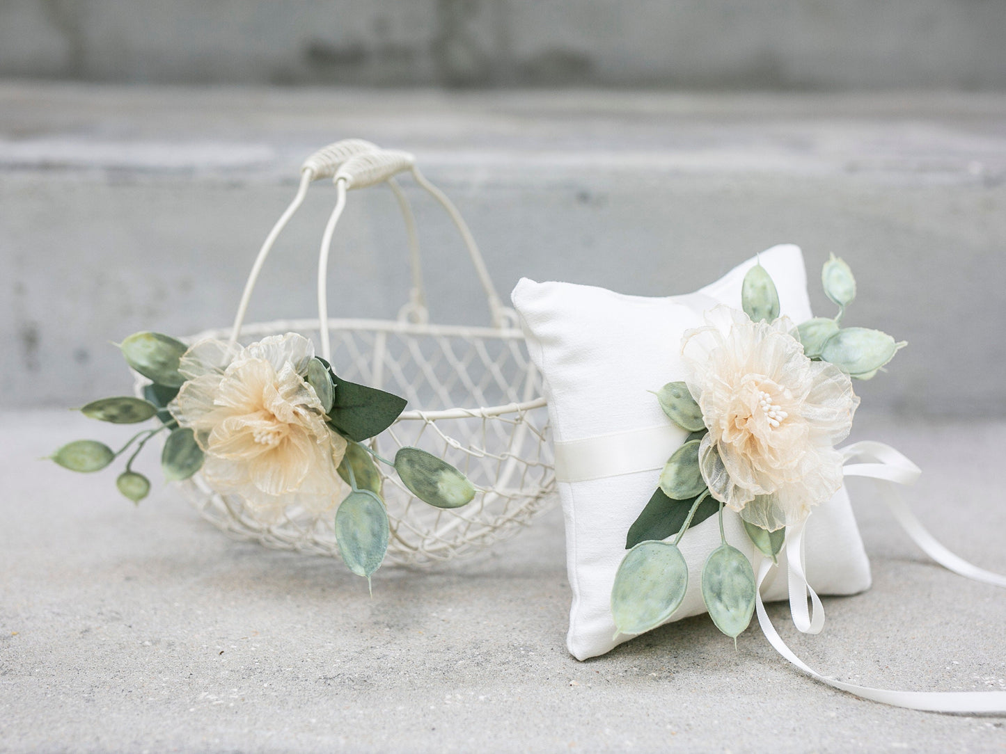 Ivory Flower Girl Basket and Ring Pillow Set: Boho Wedding Decor