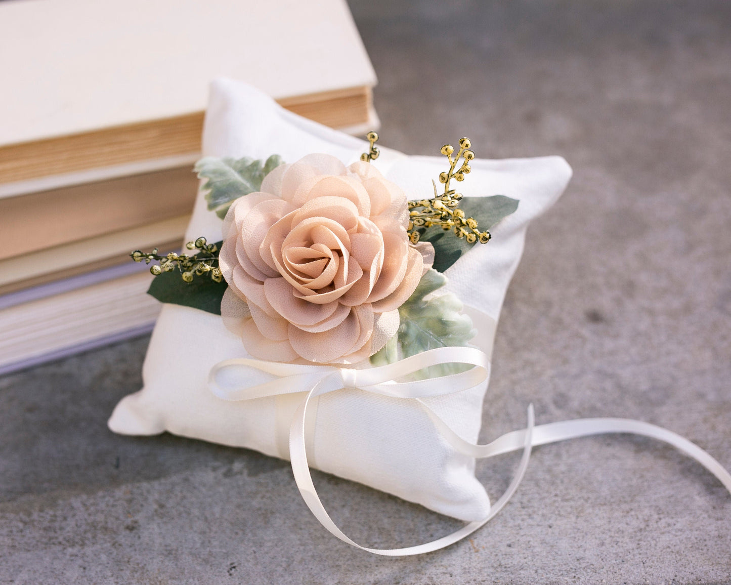 Rustic Wedding Ring Pillow: Ivory Linen with Chiffon Rose