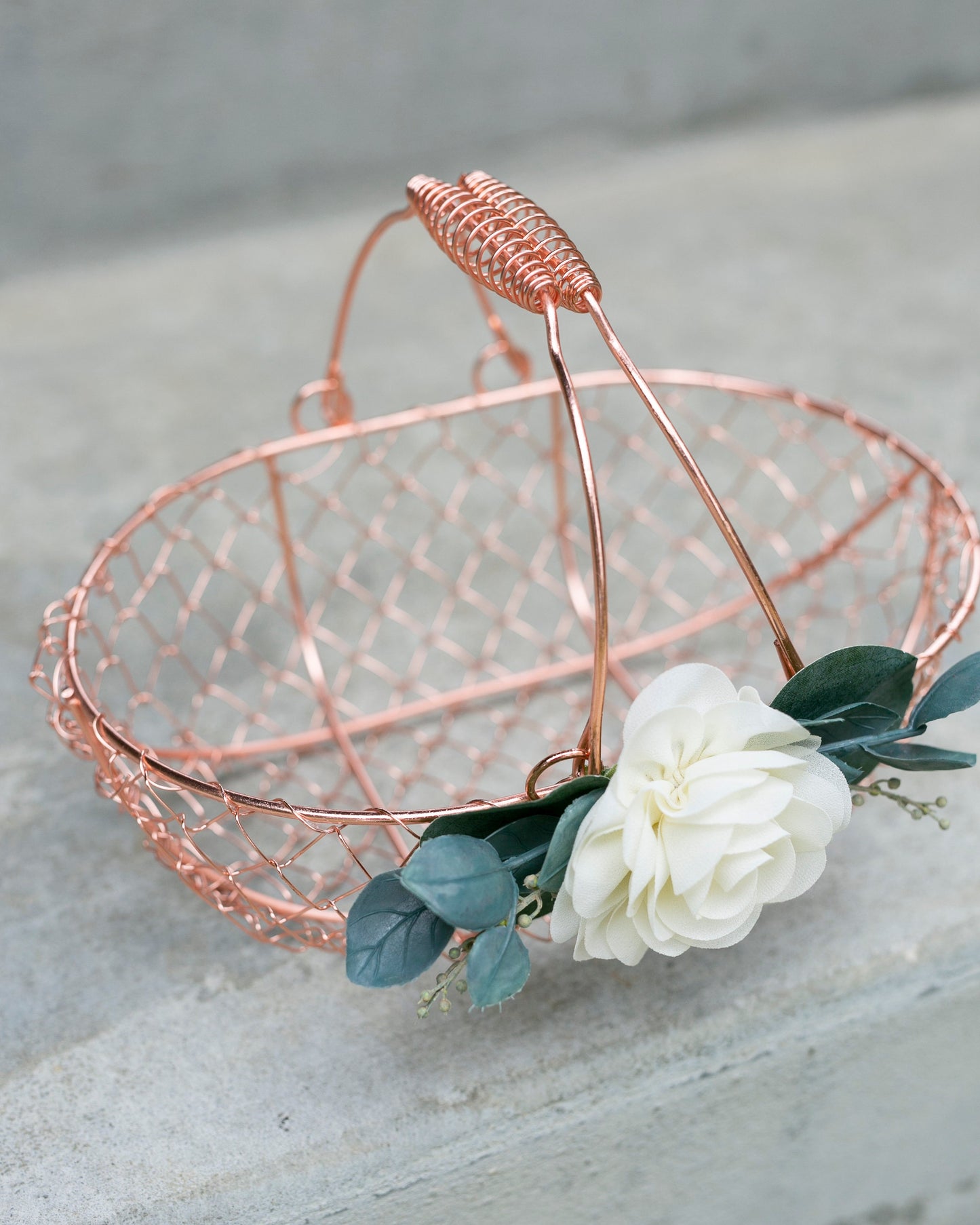 Bella Rose Gold Flower Girl Basket: Copper Wire, Ivory Rose & Greenery