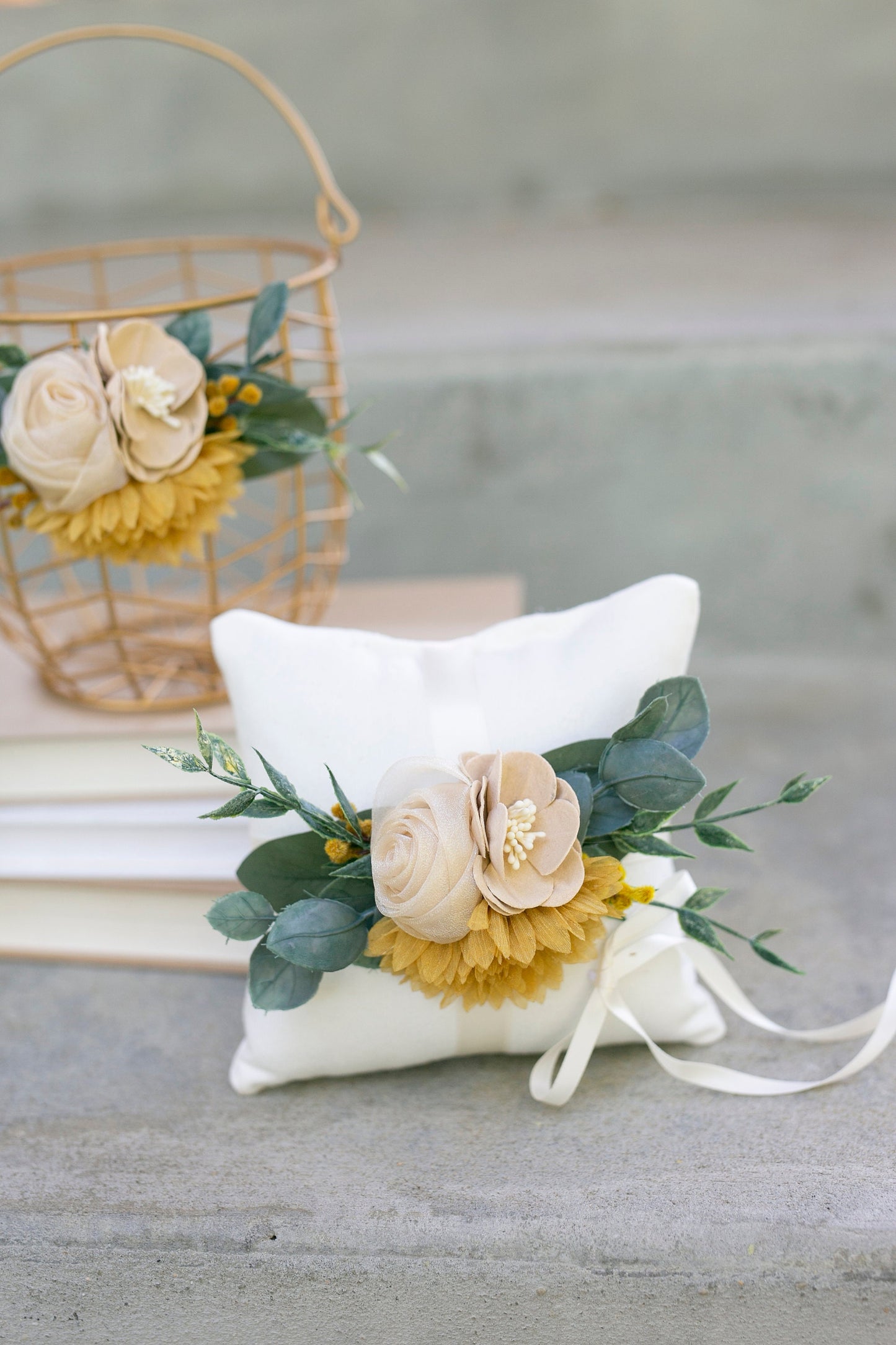 Gold Wedding Flower Girl Basket: Beige & Yellow Fabric Flowers