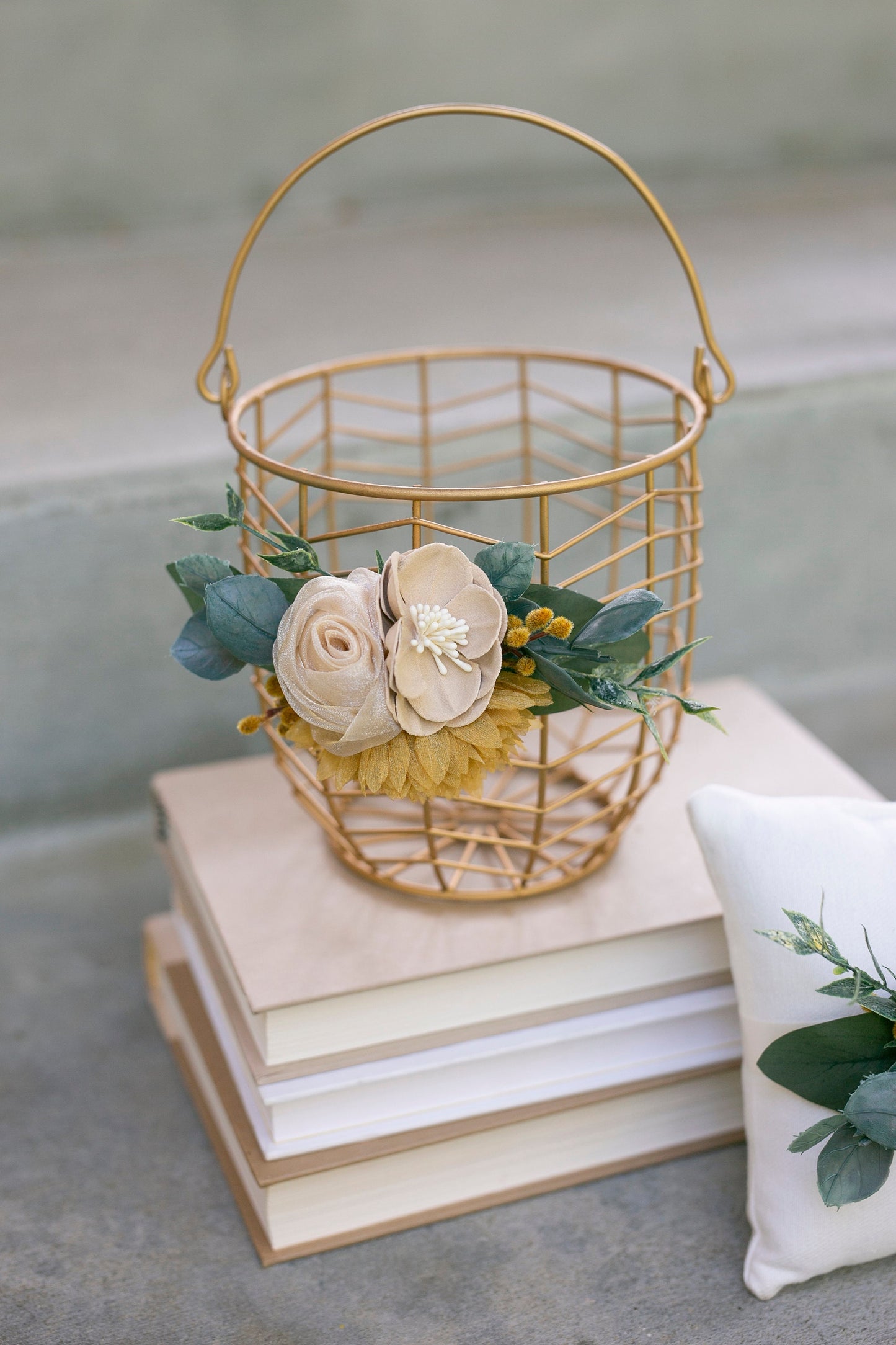 Gold Wedding Flower Girl Basket: Beige & Yellow Fabric Flowers