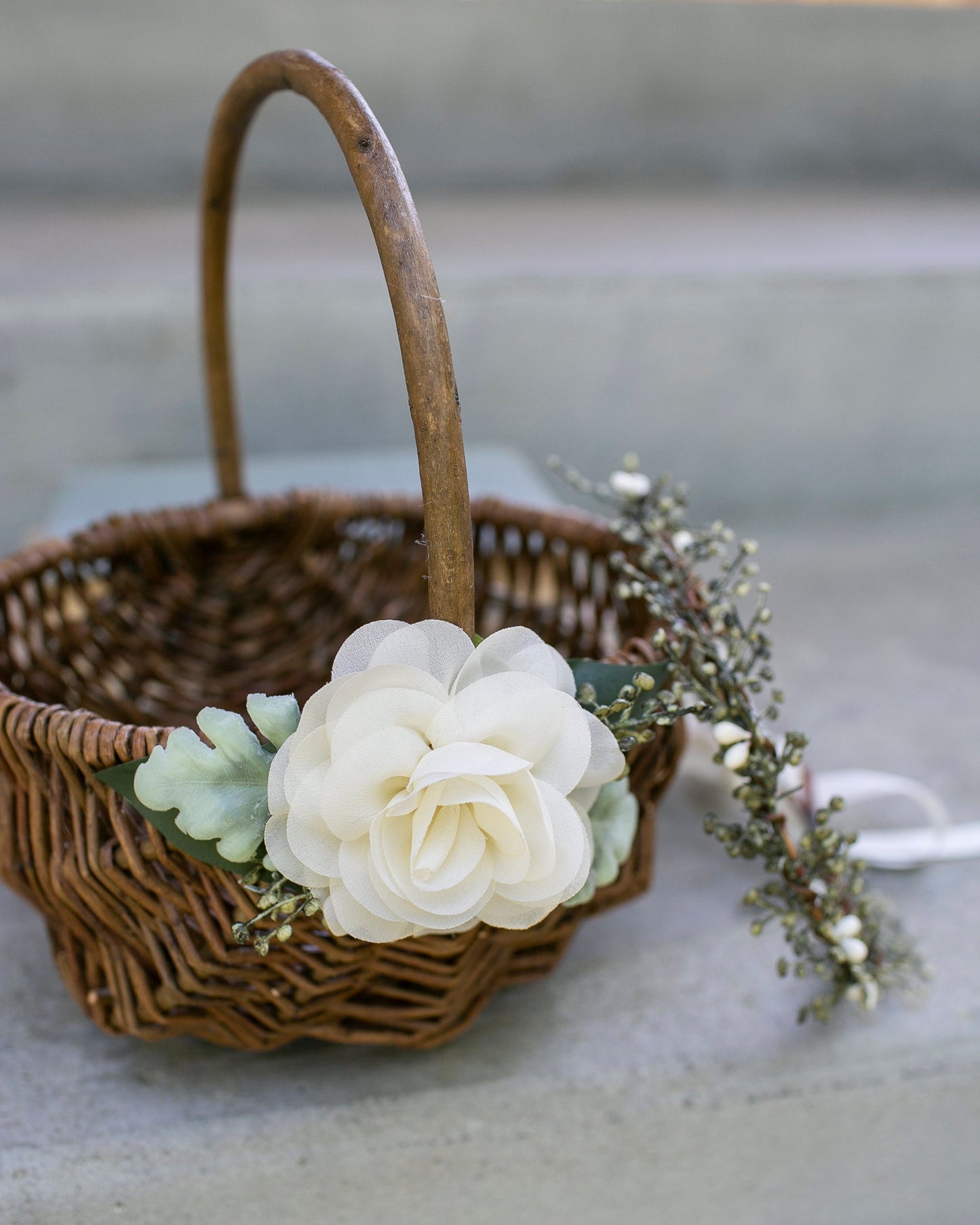 Rustic Willow Flower Girl Basket with Greenery & Chiffon Flower