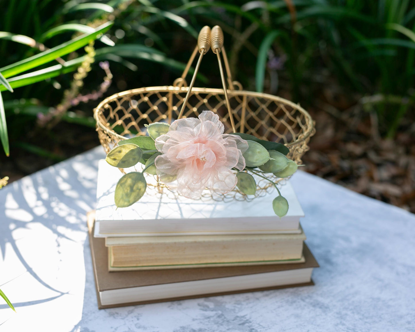 Champagne Gold Flower Girl Basket: Handmade Organza Rose Wedding Decor