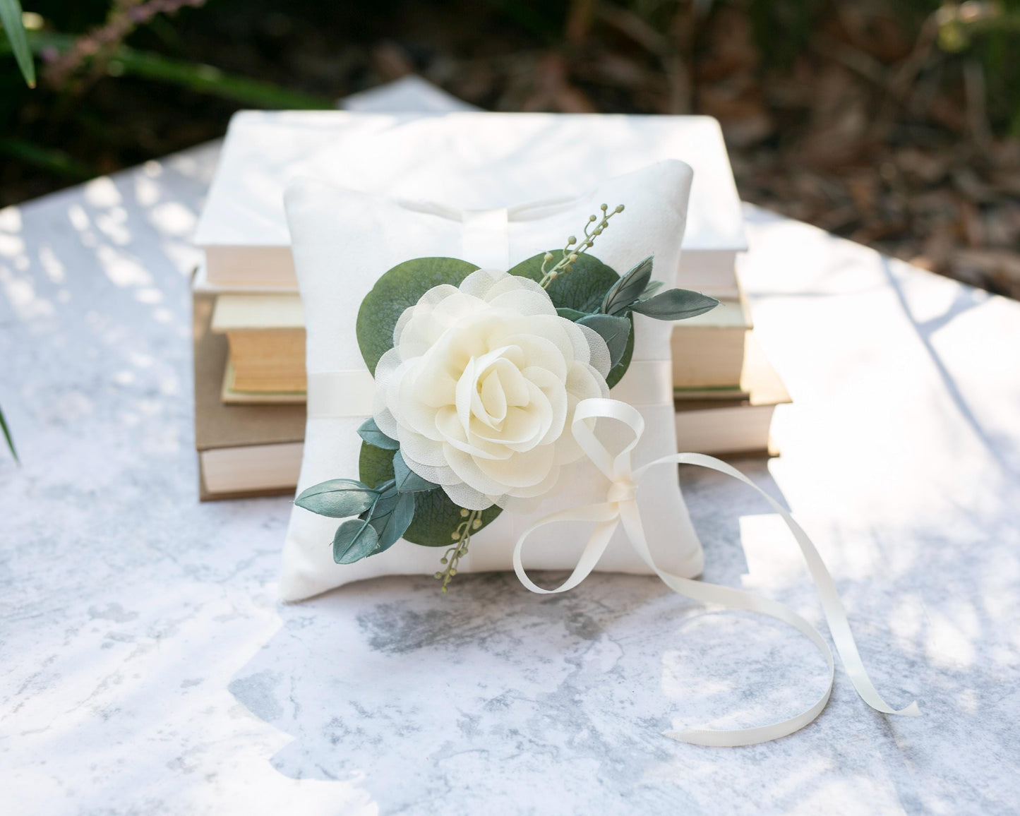 Handmade Linen-Look Ring Bearer Pillow: Ivory Rose & Eucalyptus
