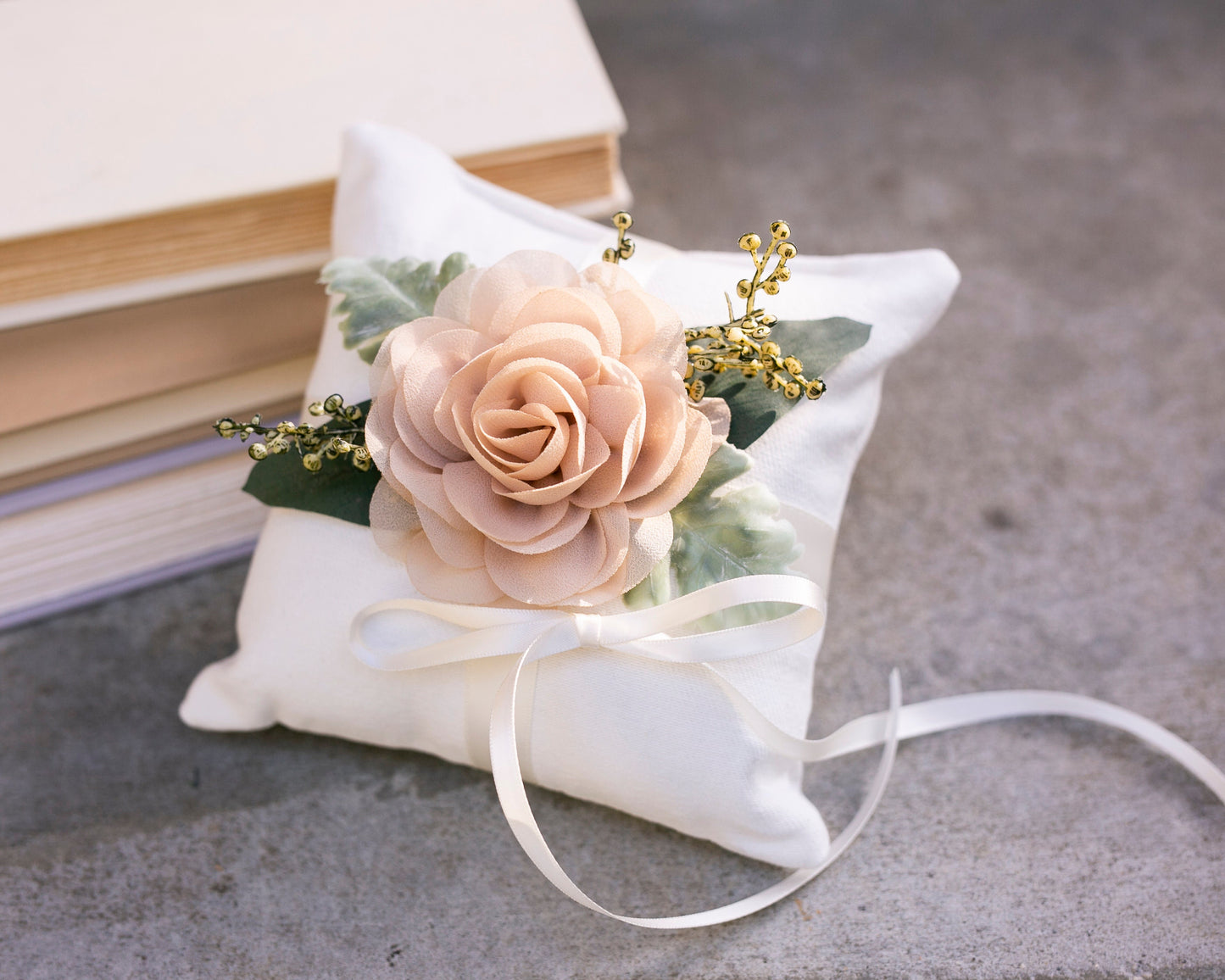 Rustic Wedding Ring Pillow: Ivory Linen with Chiffon Rose