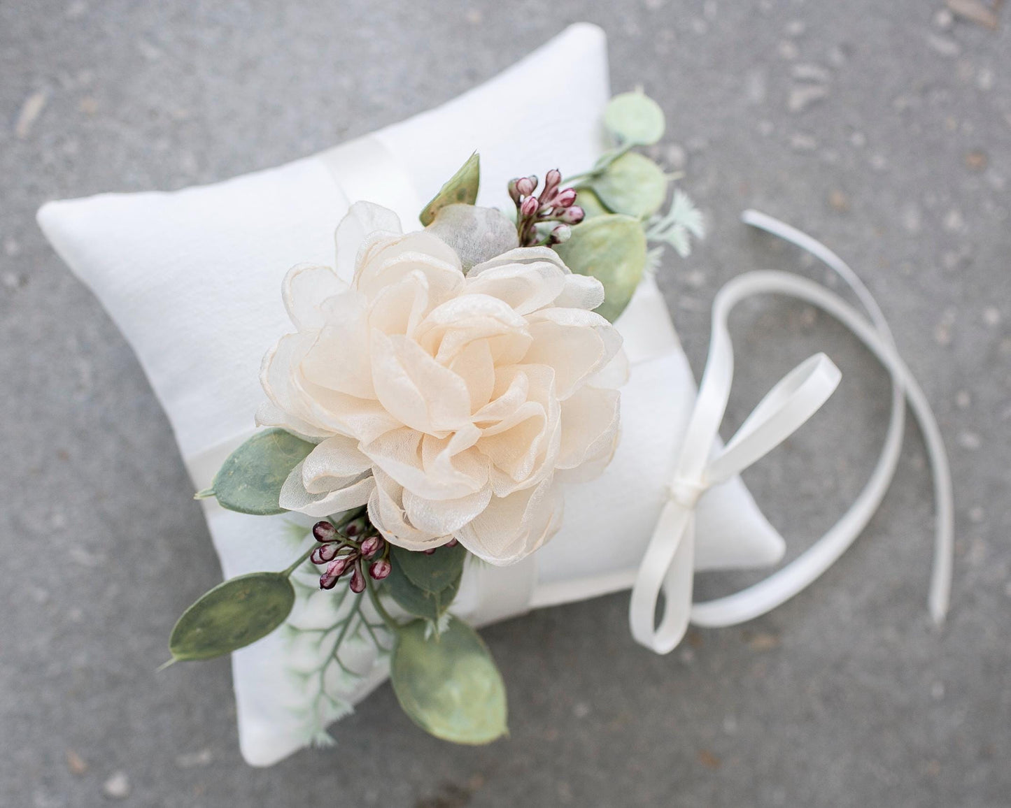 Delta Handmade Ivory Ring Bearer Pillow: Eucalyptus & Floral Accent